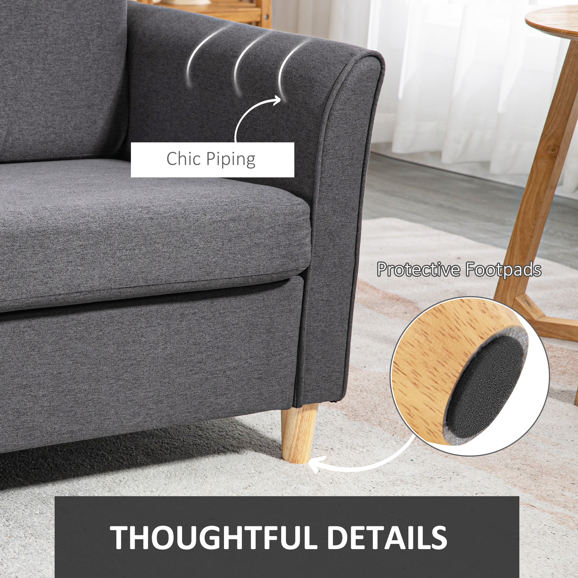 HOMCOM Compact Loveseat Sofa, Modern 2 Seater Sofa for Living Room with Wood Legs and Armrests, Dark Grey - North Peak Garden Furniture