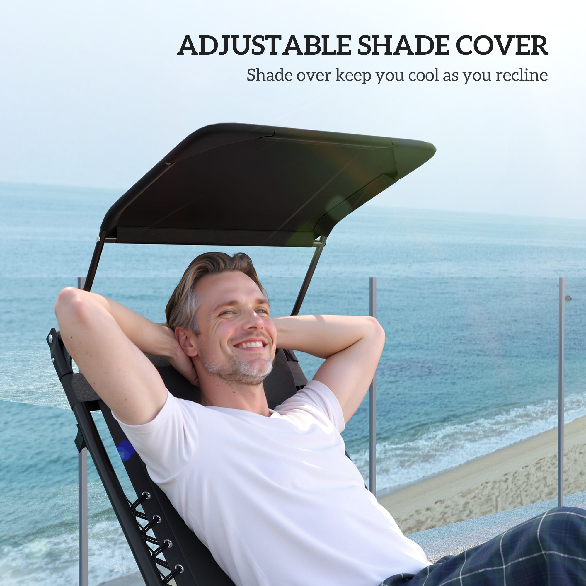 Outsunny Zero Gravity Lounger Chair Set of 2, Folding Reclining Patio Chair with Shade Cover, Padded Seat, Cup Holder, Soft Cushion and Headrest for Poolside, Camping, Black - North Peak Garden Furniture