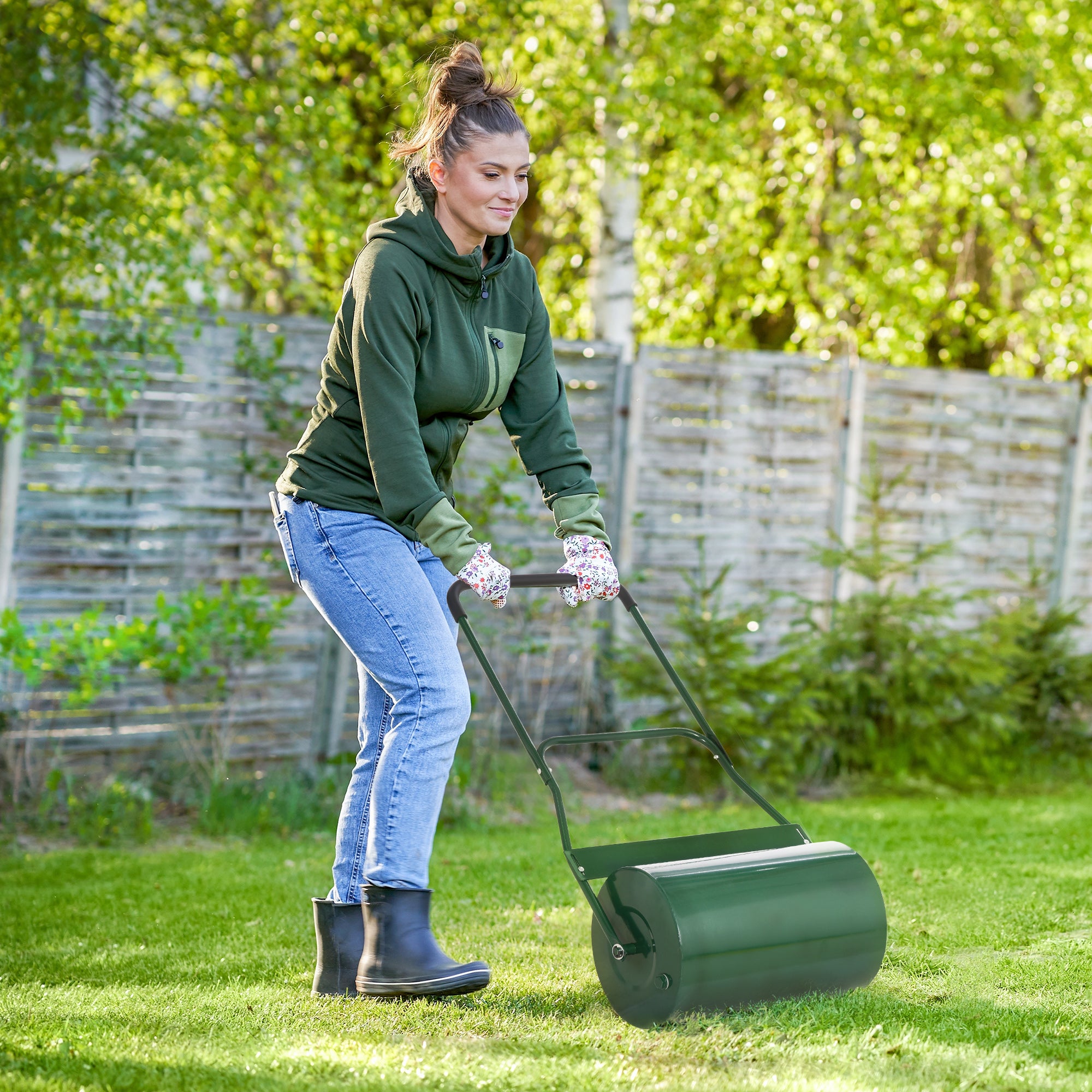 Outsunny 40L Lawn Roller Drum Scraper Bar Collapsible Handle Water or Sand Filled Φ32cm Green - North Peak Garden Furniture