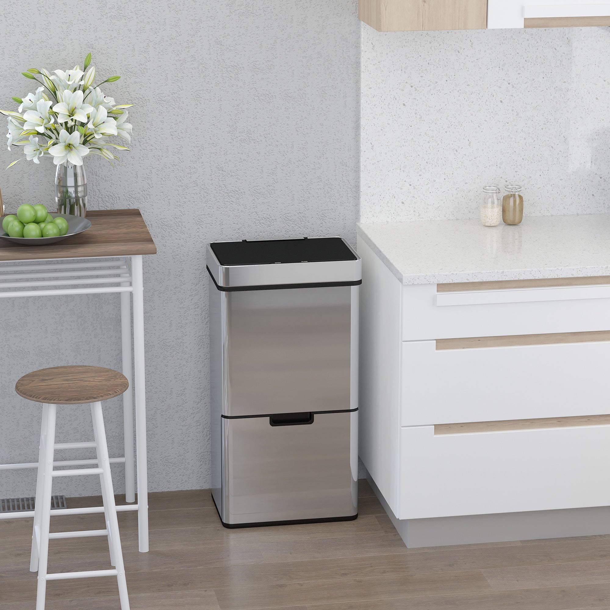HOMCOM 72L Recycling Sensor Bin Stainless Steel 3 Compartments For Both Wet/Dry Waste w/Removable Lid Kitchen Home - North Peak Garden Furniture