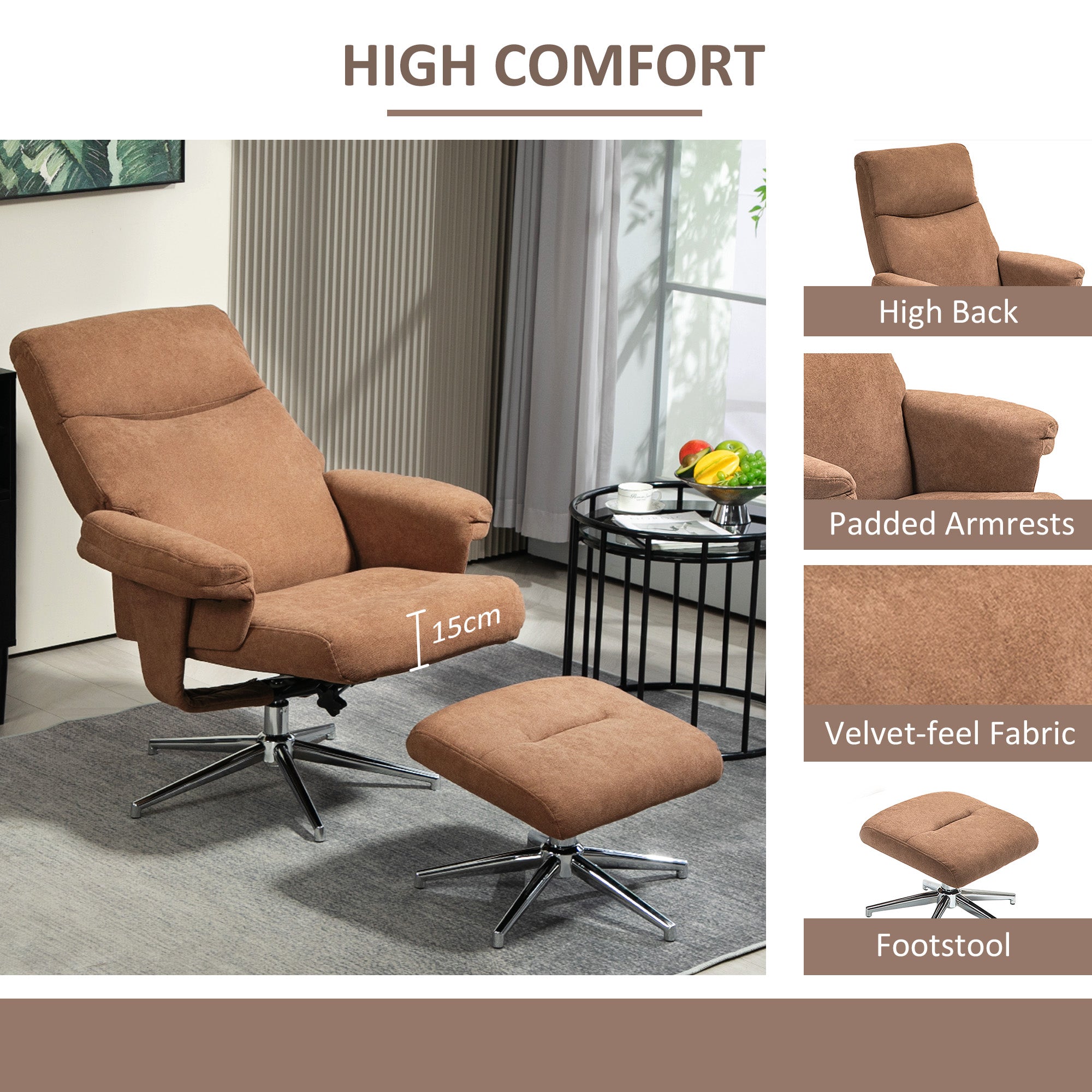 HOMCOM Recliner Chair with Footstool, Upholstered Velvet Fabric Armchair with Adjustable Back, Solid Wood Frame for Living Room, Light Brown