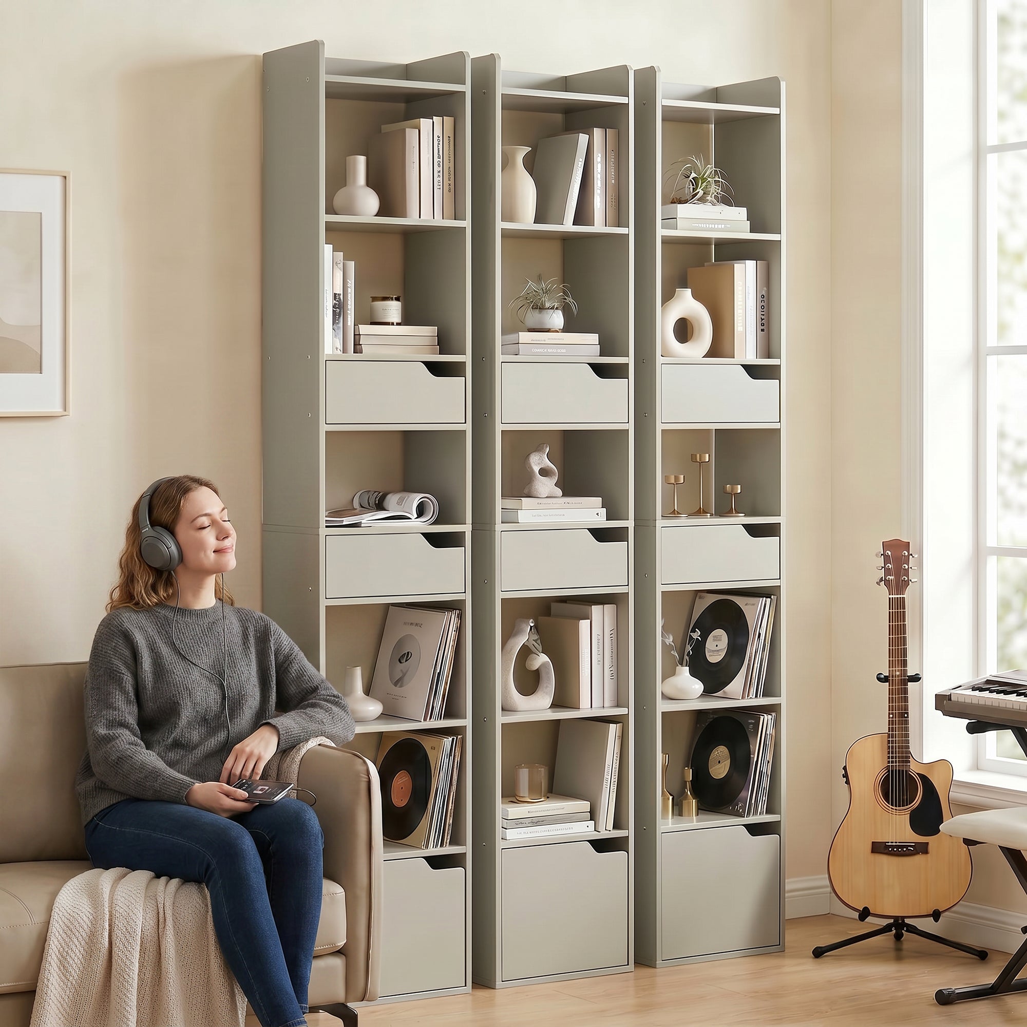 HOMCOM Bookcase Tall Narrow with 5 Tiers and Drawers Freestanding Bookshelf Storage Cabinet for Living Room Grey