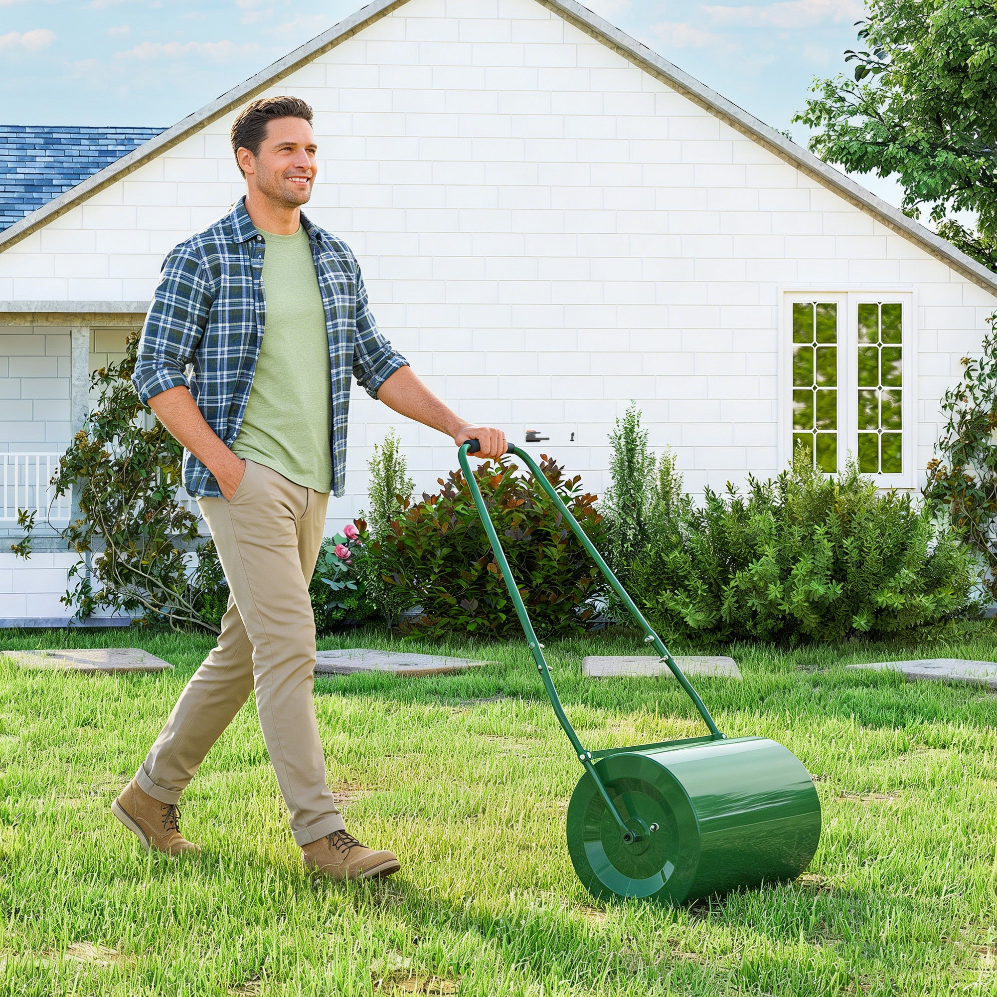 Outsunny 63 L Heavy Duty Water Or Sand Filled Φ30cm Garden Steel Lawn Roller Drum - Dark Green