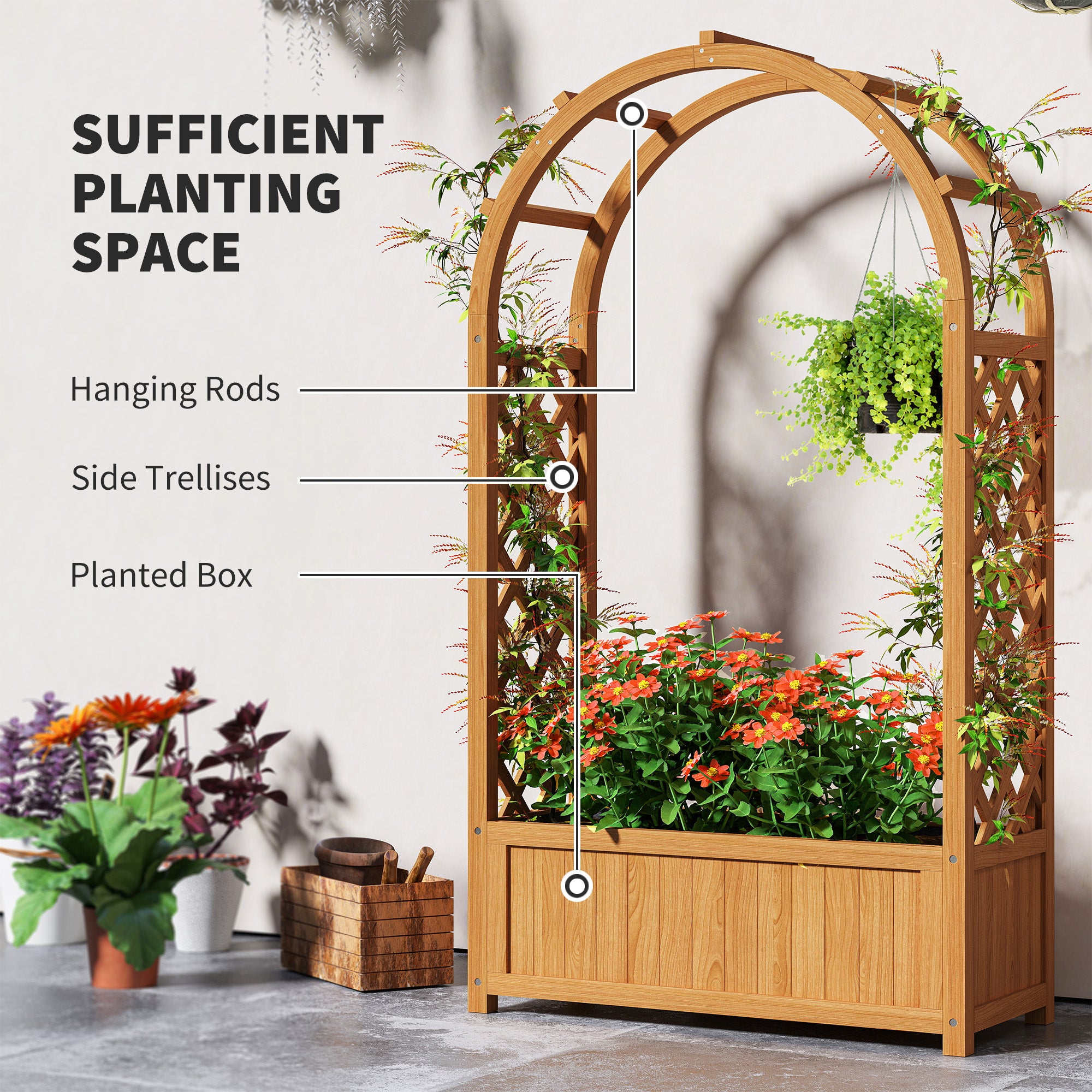 Outsunny Wooden Raised Garden Bed with Trellis, Liner, Drainage Holes, for Vine Climbing Plants, Flowers, 83 x 36 x 145 cm - North Peak Garden Furniture