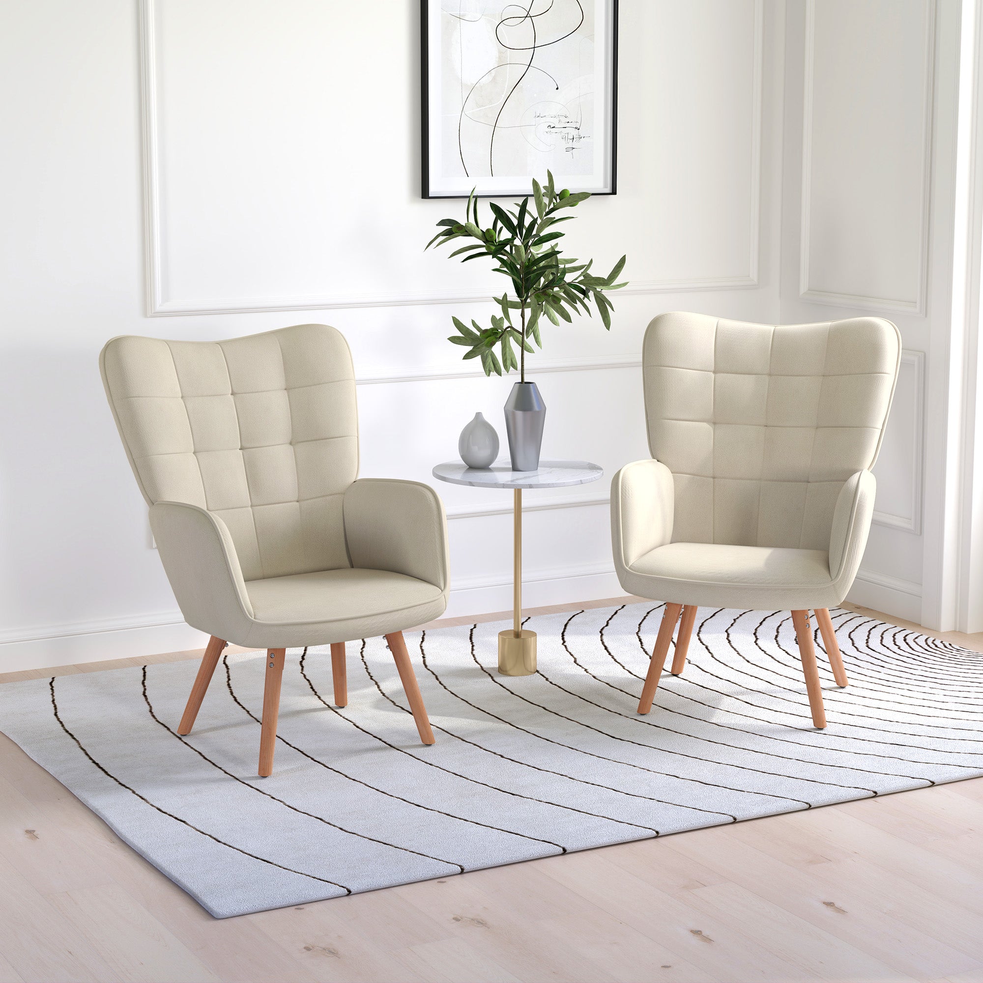 HOMCOM Modern Accent Chair Set of 2 Velvet-Touch Tufted Wingback Armchair Upholstered Leisure Lounge Sofa Club Chair with Wood Legs, Cream White