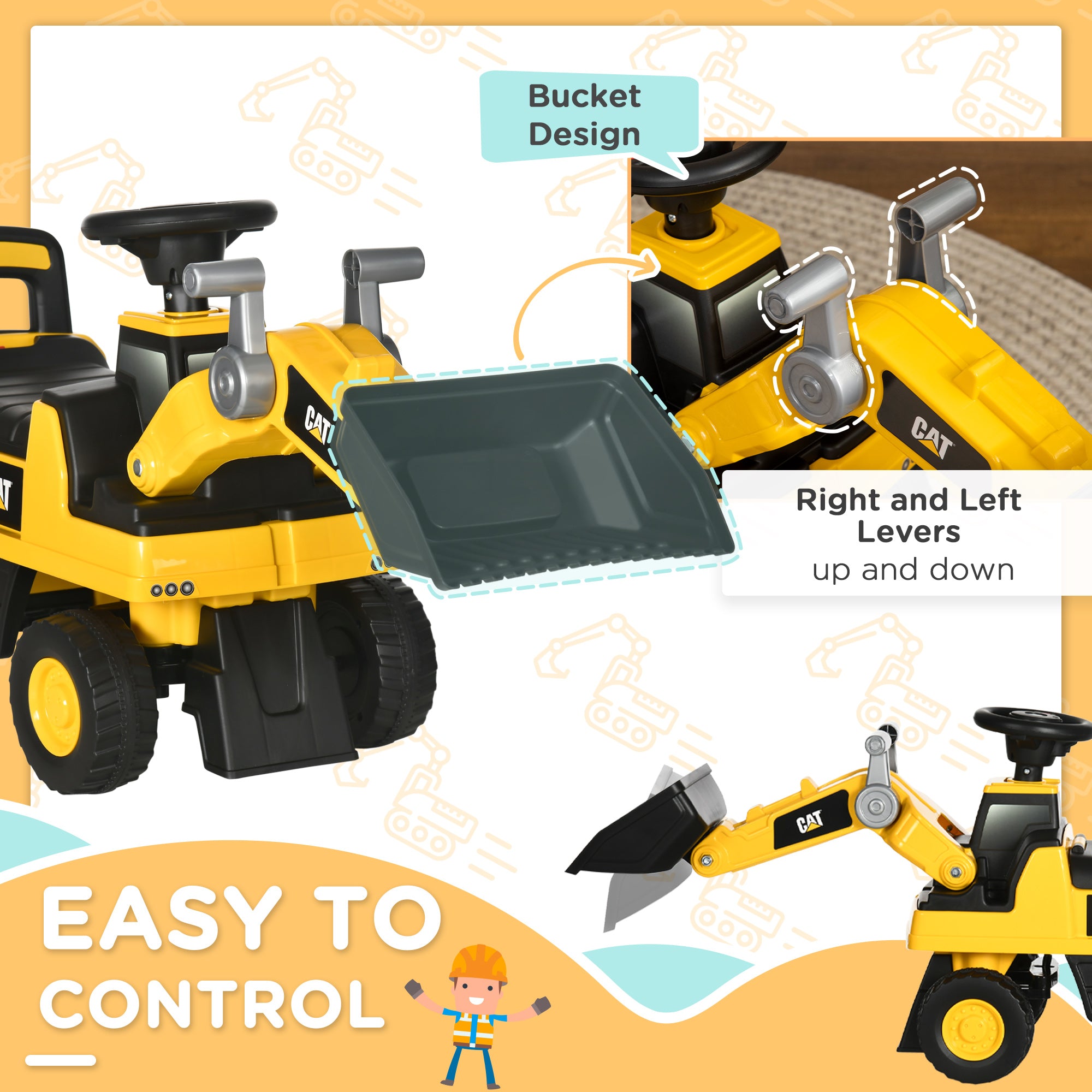 HOMCOM CAT Licensed Kids Construction Ride-On Toddler Digger Excavator Foot-To-Floor Ride-On Toy w/ Manual Shovel, Horn, Hidden Storage, for Ages 1.5-3 Years - North Peak Garden Furniture