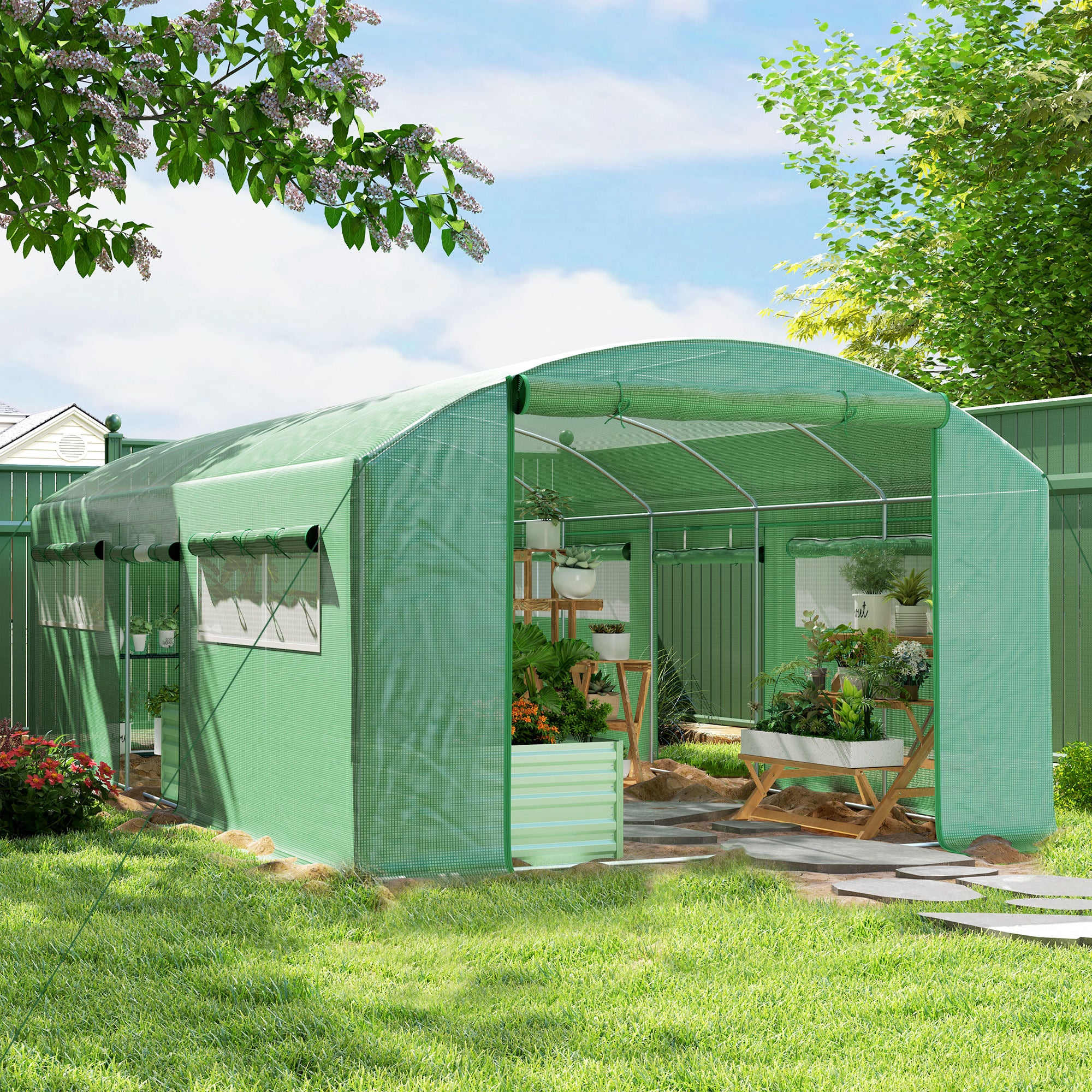 Outsunny 19 x 9.8ft Walk-In Polytunnel Greenhouse - Green - North Peak Garden Furniture