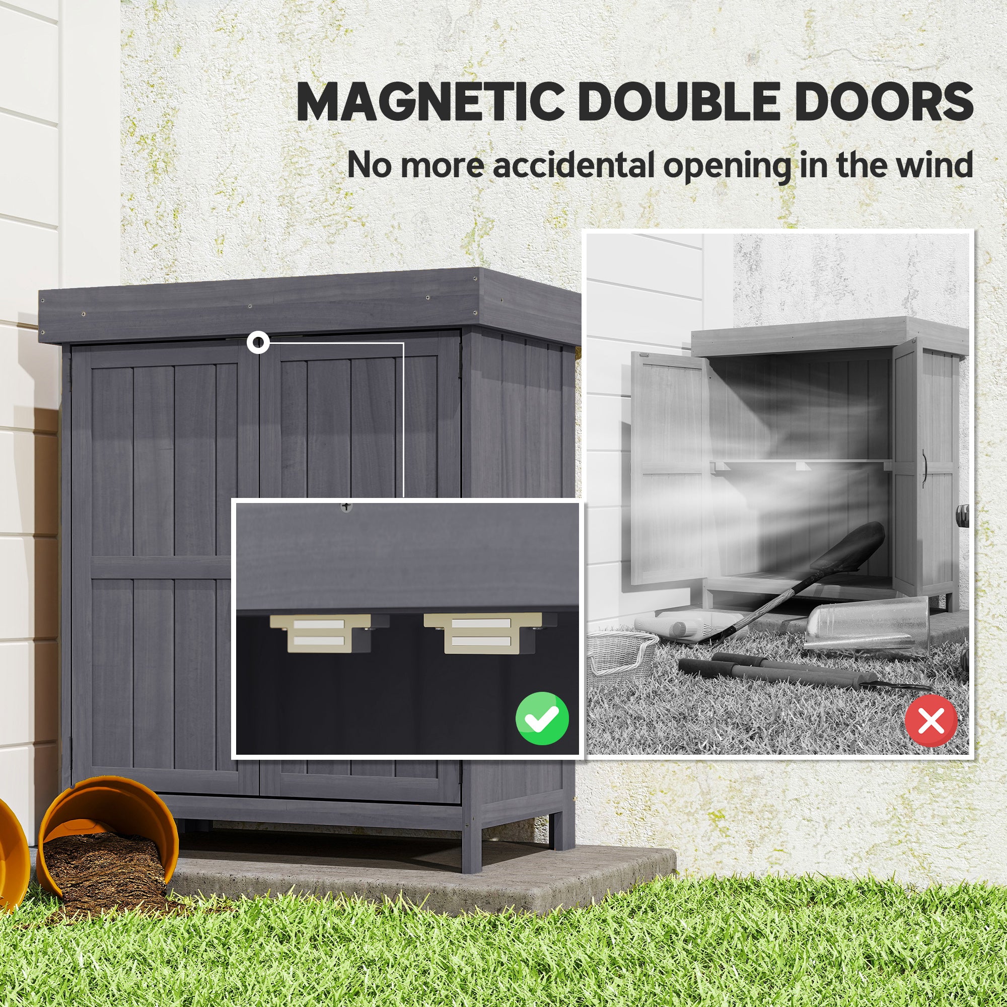 Outsunny Wooden Garden Storage Shed with Hinged Roof and Shelves, Outdoor Storage Cabinet Chest, Double Doors, 74 x 43 x 88cm, Grey
