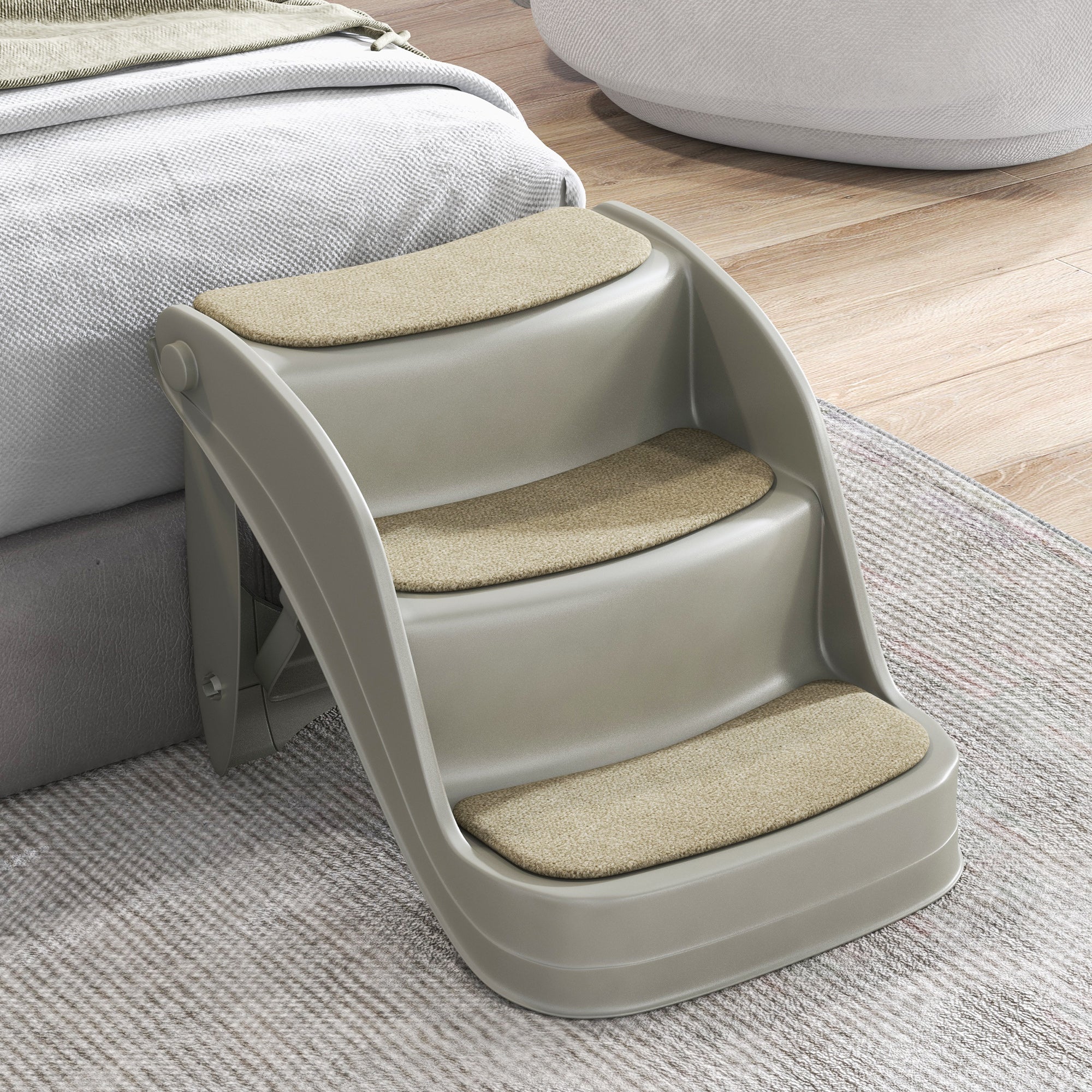 PawHut Foldable Pet Stairs 3 Steps with Non-slip Mats for Small Dogs, Grey - North Peak Garden Furniture