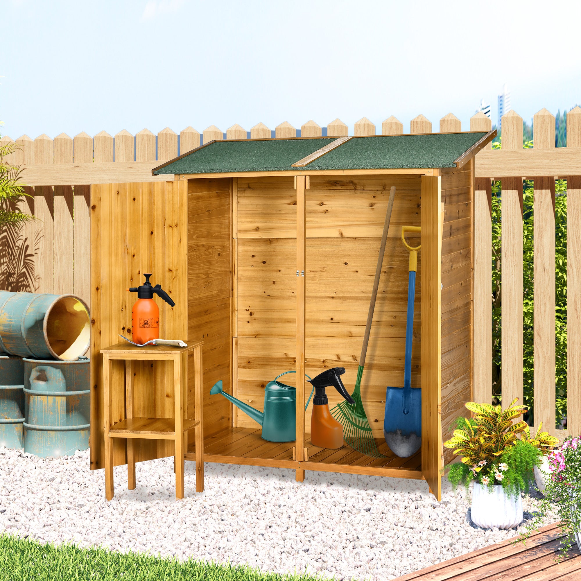 Outsunny 139 x 75 Fir Wood Garden Shed, with Asphalt Roof - Natural - North Peak Garden Furniture