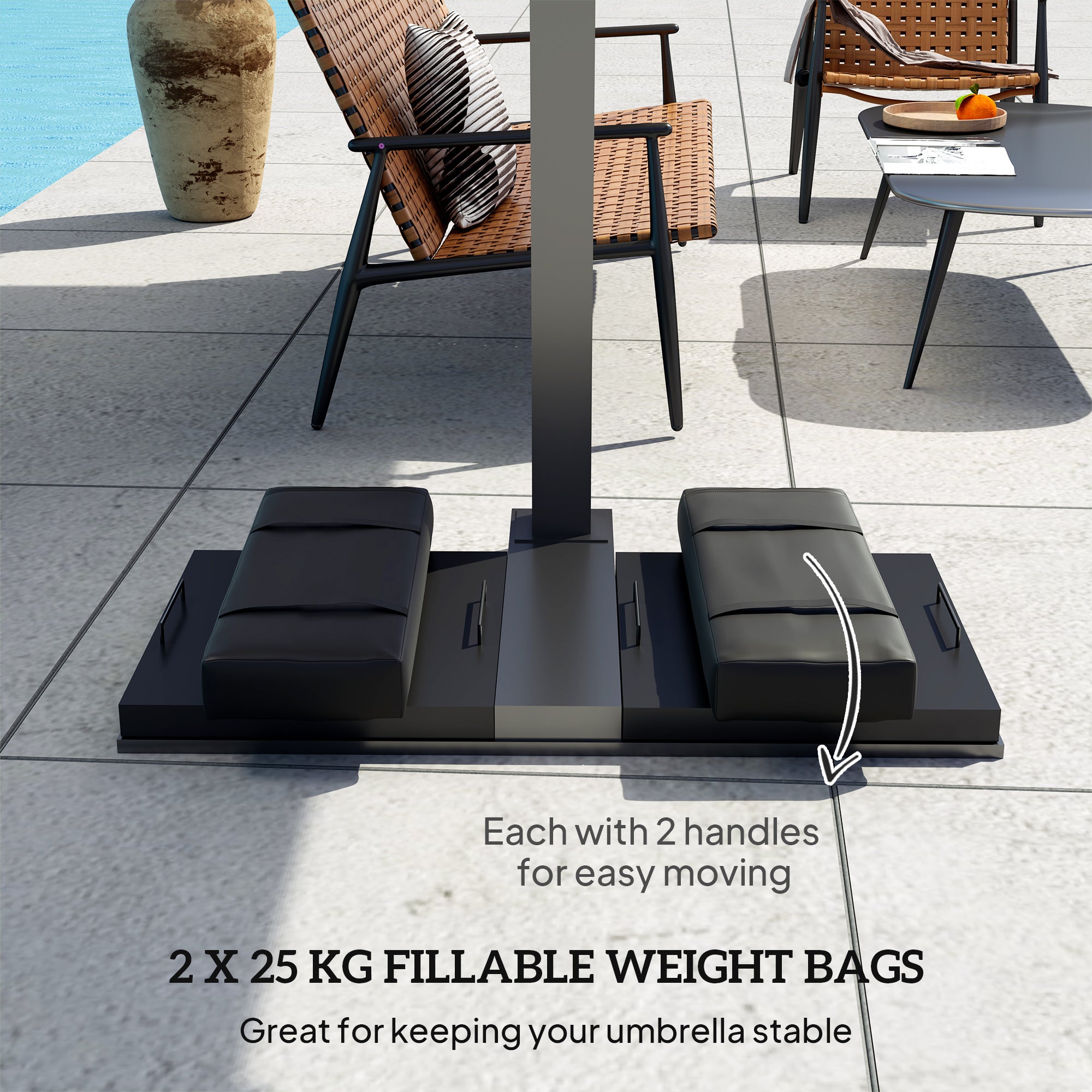 Outsunny Parasol Weights Set of 2, Parasol Base Weights Bags, 25kg Fillable Sandbag Weights with Handles, Cantilever Umbrella Base Weights, Black - North Peak Garden Furniture