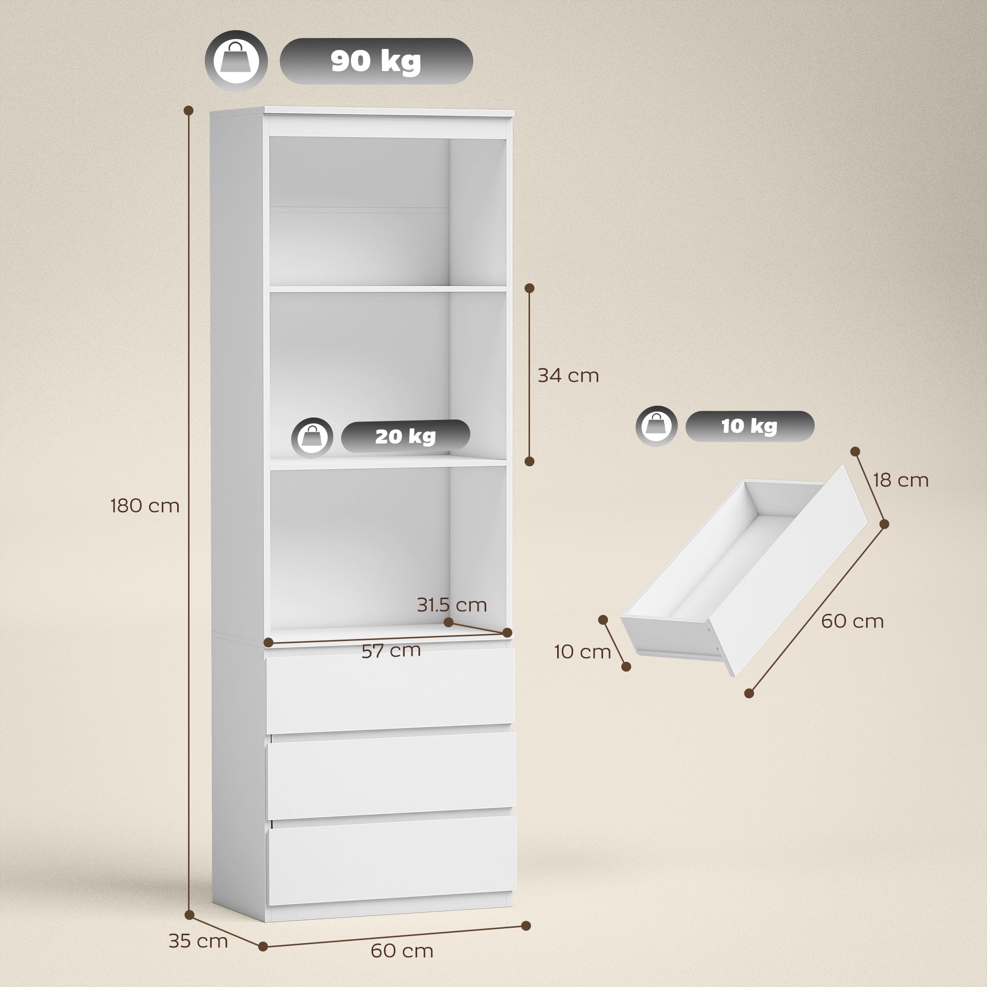 HOMCOM 180cm Tall Bookcase, with Shelves and Drawers - White