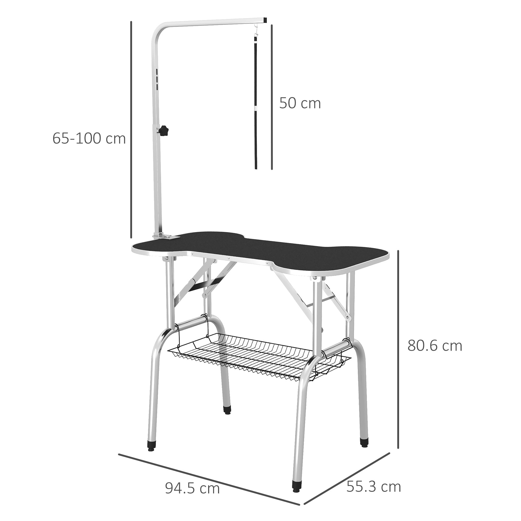 PawHut Foldable Dog Grooming Table Pet Drying Table with Adjustable Arm Non-Slip Rubber Tabletop Aluminium Alloy Edge Stainless Steel Bar Sling 94.5 x 55 x 81cm Black - North Peak Garden Furniture