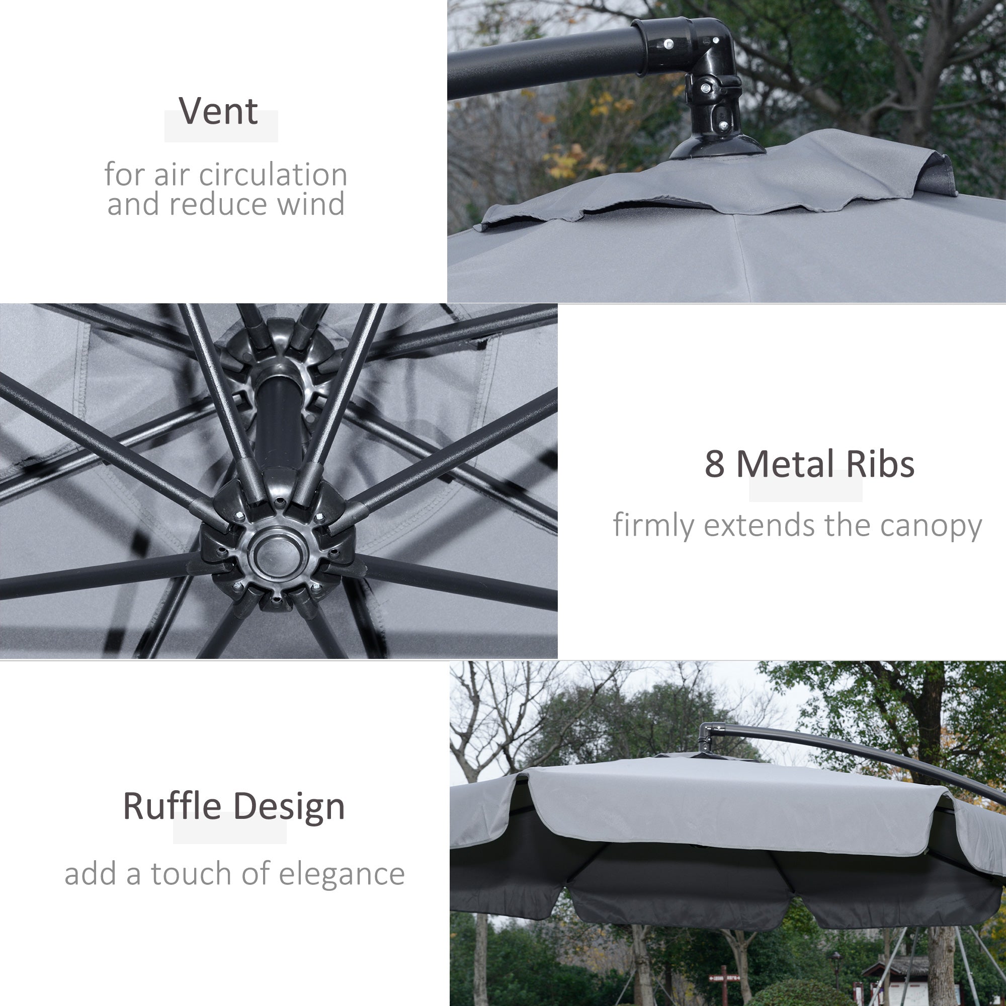 Outsunny 2.7m Garden Banana Parasol Cantilever Umbrella with Crank Handle and Cross Base for Outdoor, Hanging Sun Shade, Dark Grey - North Peak Garden Furniture
