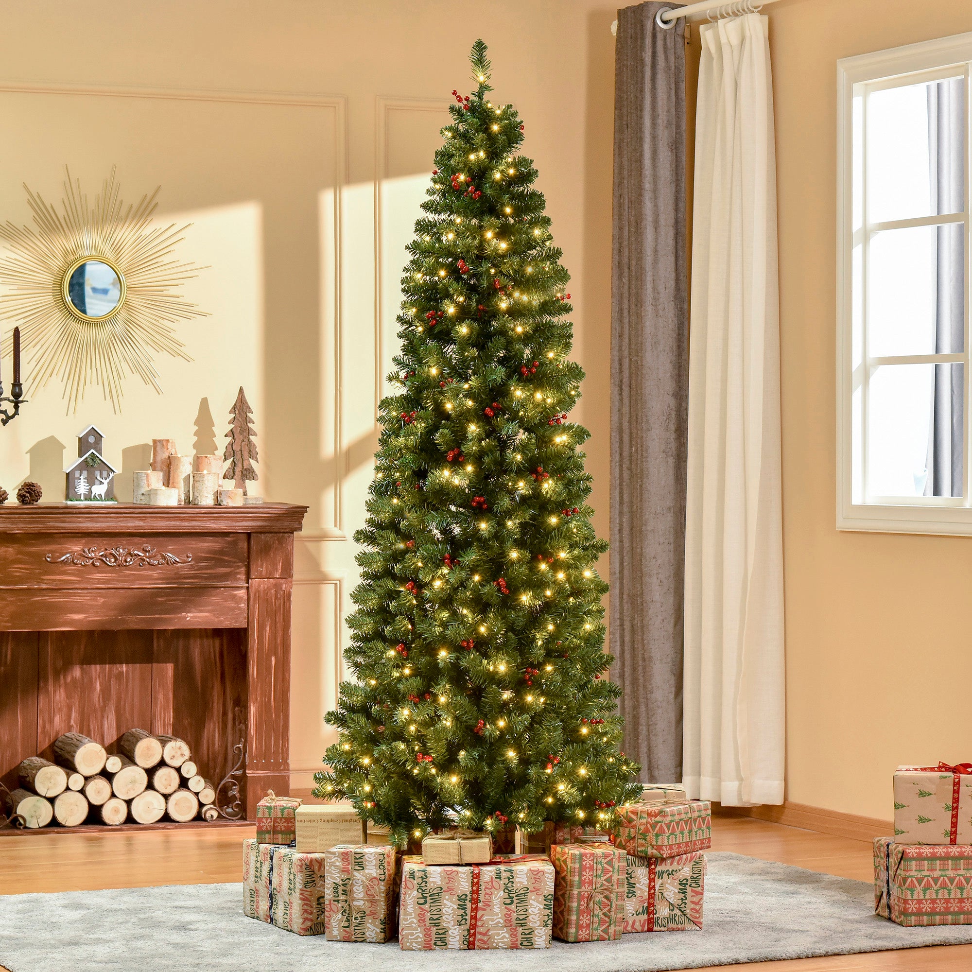 HOMCOM 7FT Prelit Artificial Pencil Christmas Tree with Warm White LED Light, Red Berry, Holiday Home Xmas Decoration, Green - North Peak Garden Furniture