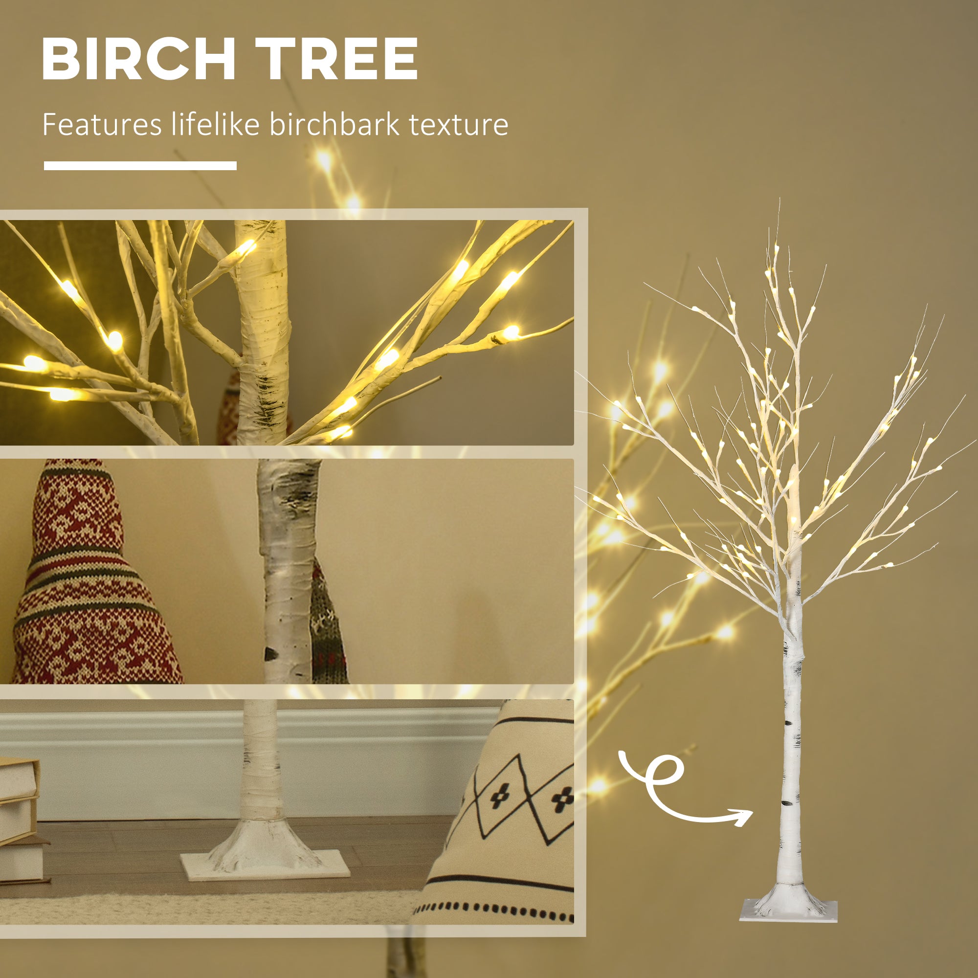 HOMCOM 4ft Artificial White Birch Tree Light with Warm White Pre-Lit LED Light for Indoor and Covered Outdoor Use - North Peak Garden Furniture