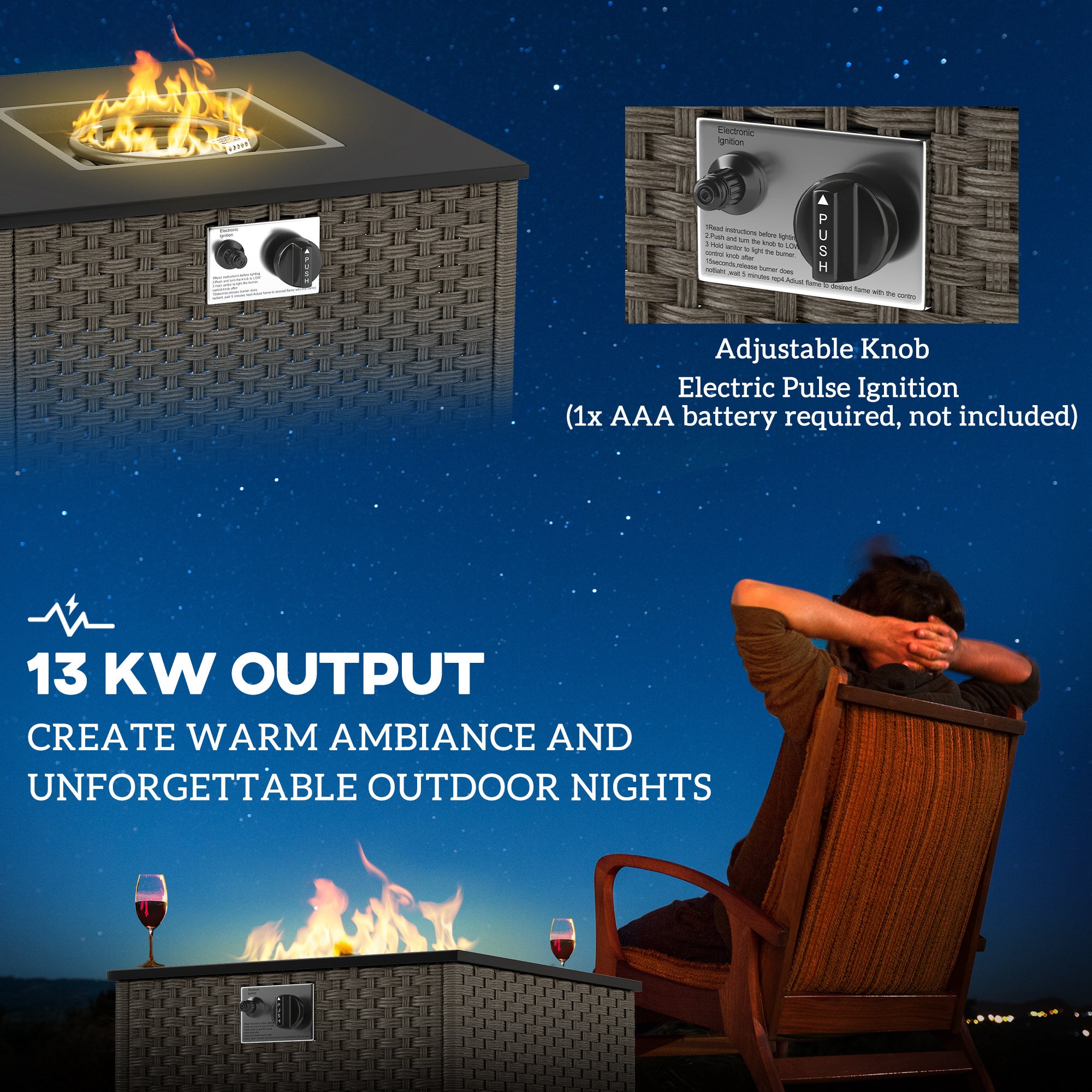 Outsunny Rattan Gas Fire Pit Table for Garden, 13 KW Smokeless Propane Fire Pit with Lid, Square Garden Coffee Table with Patio Heater for Outdoor, Patio, 58 x 58 x 33 cm, Grey - North Peak Garden Furniture