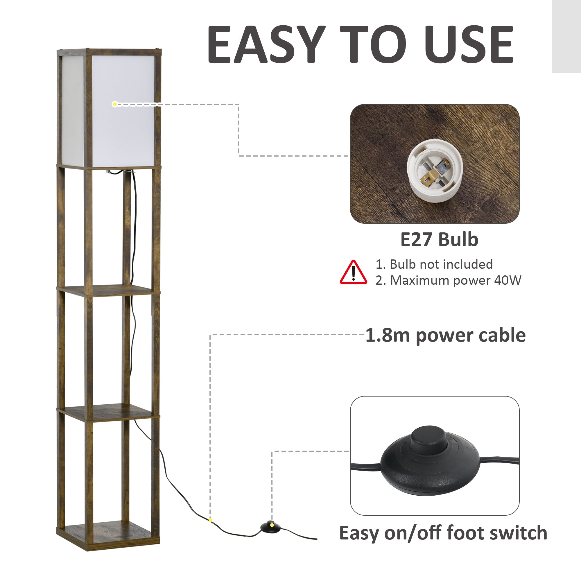 HOMCOM 3-Tier Floor Lamp, Floor Light with Storage Shelf, Reading Standing Lamp for Living Room, Bedroom, Kitchen, Dining Room, Office, Dorm, 160cm, Brown - North Peak Garden Furniture