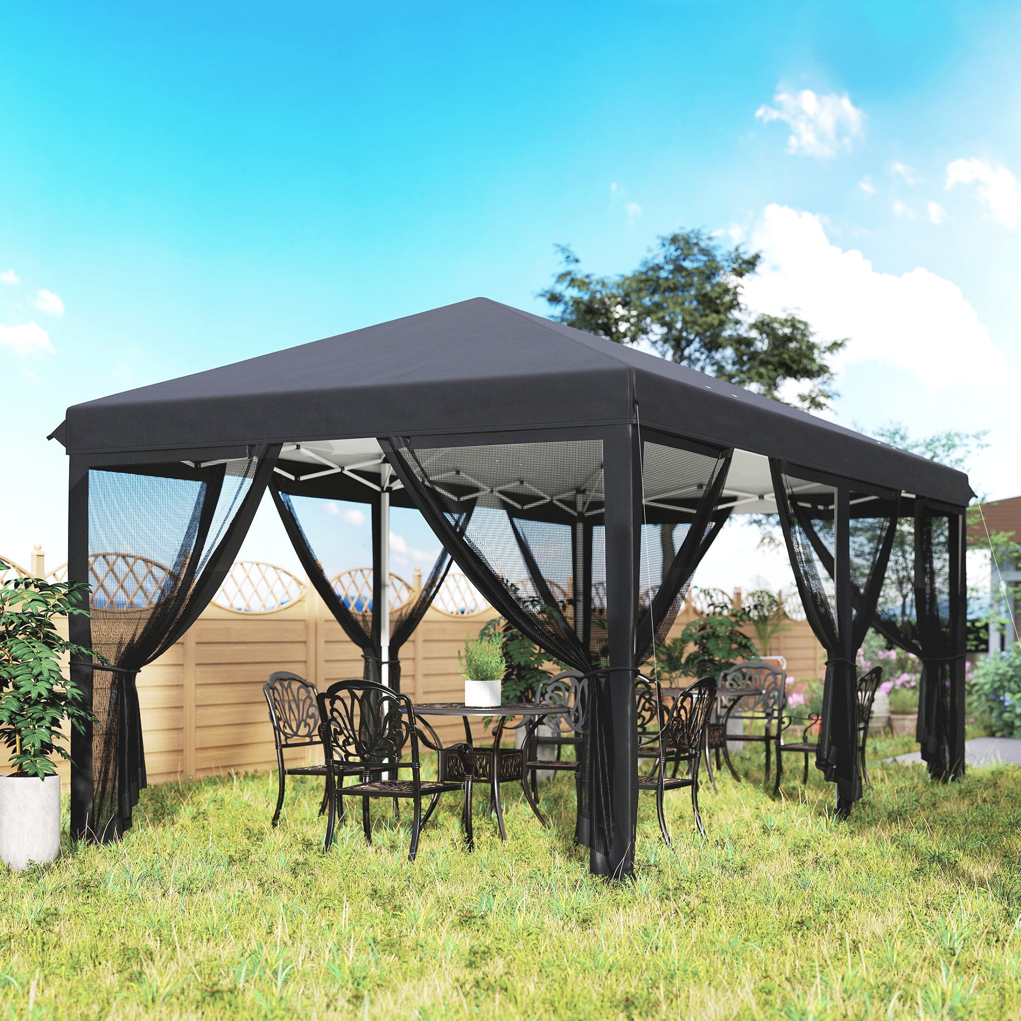 Outsunny 3 x 6m Pop Up Gazebo, Outdoor Canopy Shelter, Marquee Party Wedding Tent with 6 Mesh Walls and Carry Bag, Black - North Peak Garden Furniture
