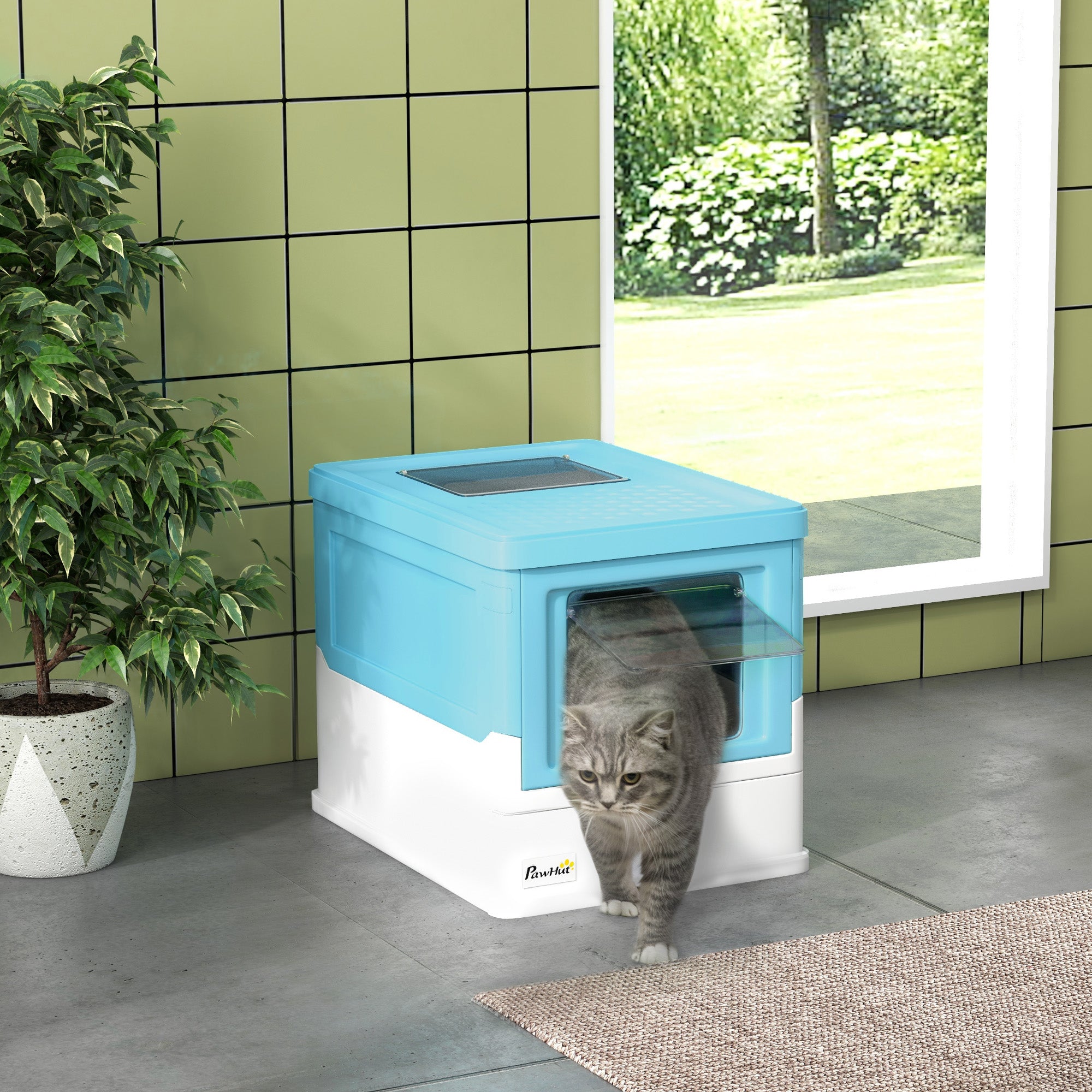PawHut Hooded Cat Litter Box, Portable Pet Toilet, with Scoop, Front Entry - Light Blue - North Peak Garden Furniture