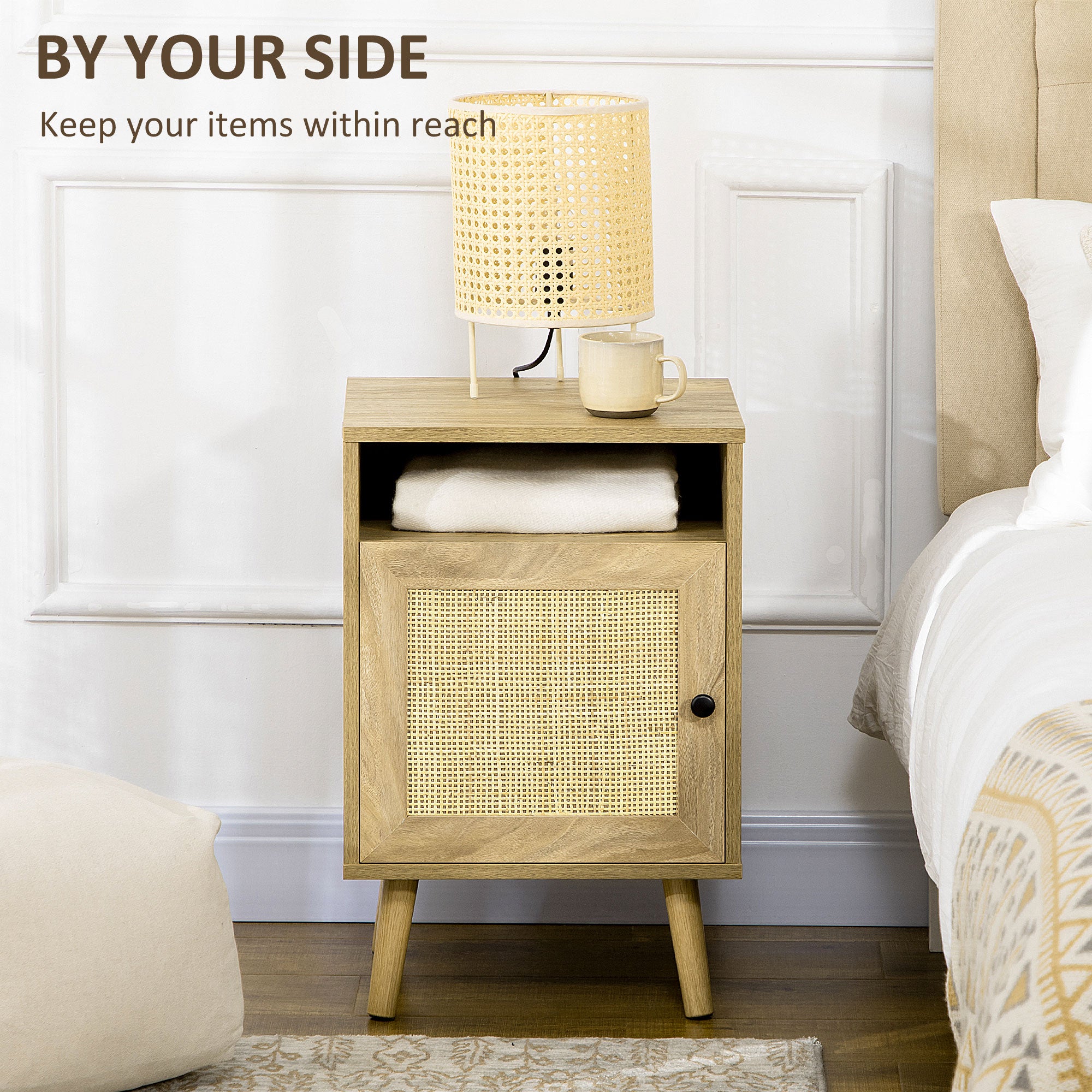 HOMCOM Bedside Table with Rattan Element, Side End Table with Shelf and Cupboard, 39cmx35cmx60cm, Natural - North Peak Garden Furniture