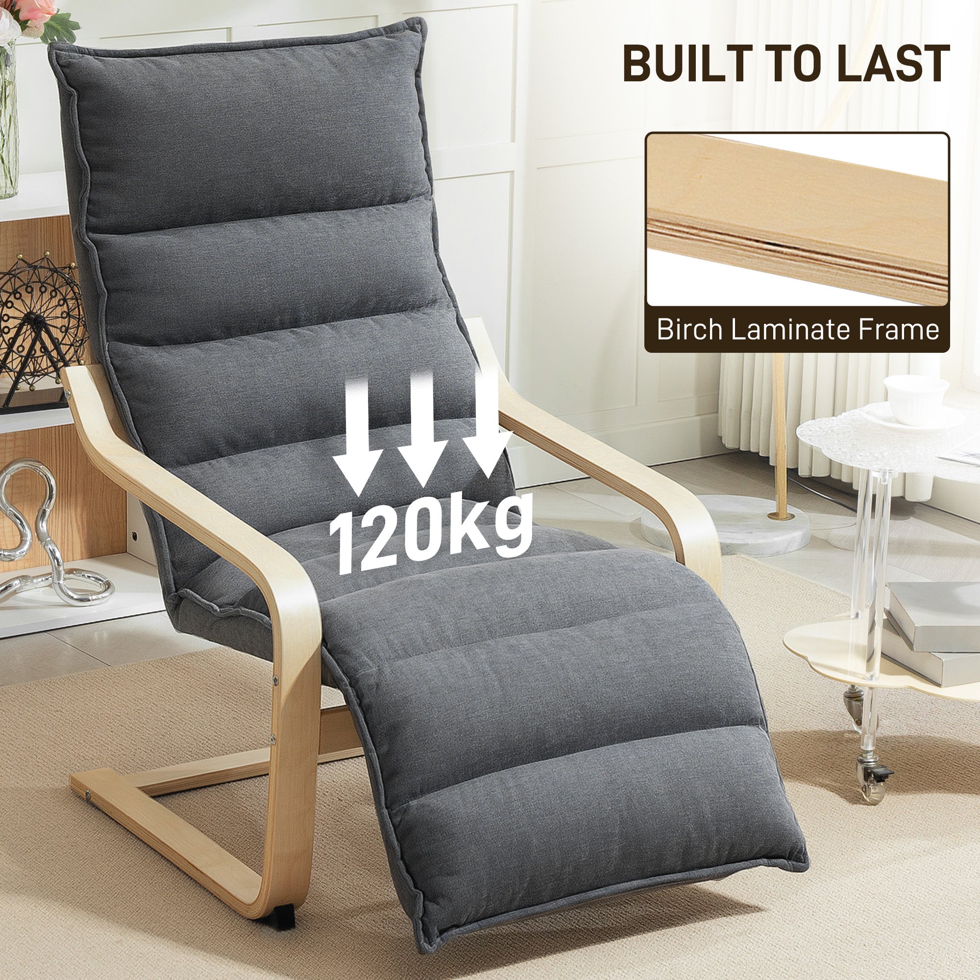 HOMCOM Curved Wooden Accent Chair, with Adjustable Footrest - Drak Grey - North Peak Garden Furniture