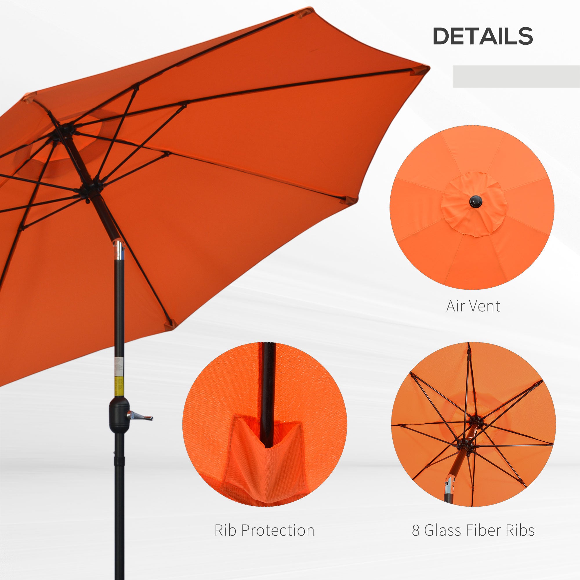 Outsunny 2.6M Patio Parasol Sun Umbrella, Tilt Shade Shelter Canopy with Crank 8 Ribs Aluminium Frame, Orange - North Peak Garden Furniture