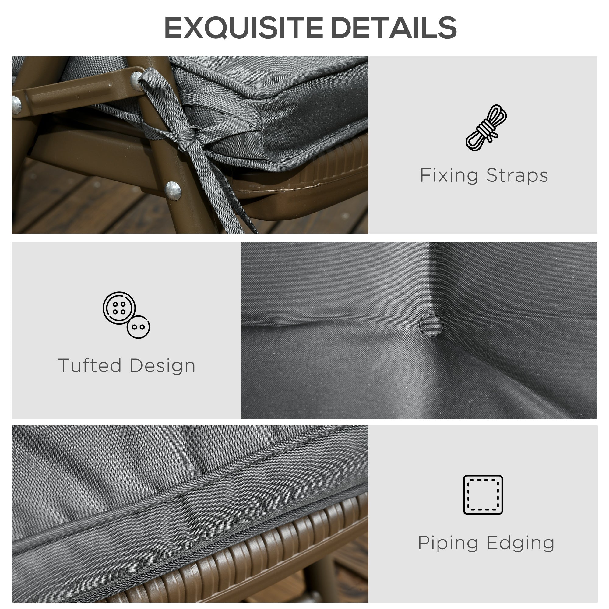 Outsunny Set of 4 Garden Seat Cushion with Ties, 42 x 42cm Replacement Dining Chair Seat Pad, Grey - North Peak Garden Furniture