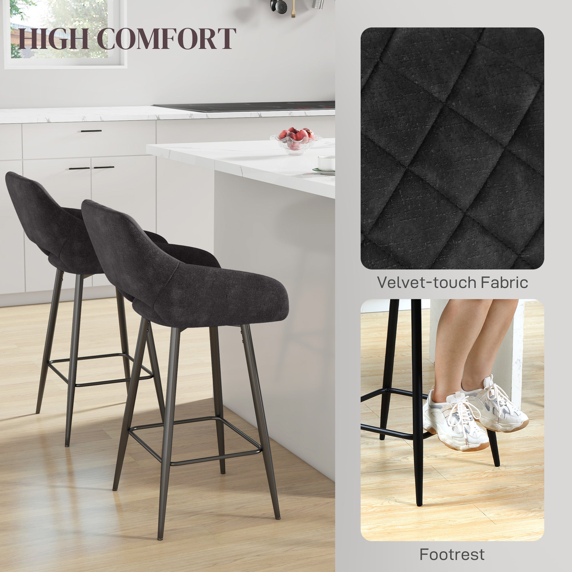 HOMCOM Set of Two Velvet-Feel Bar Stools - Grey - North Peak Garden Furniture