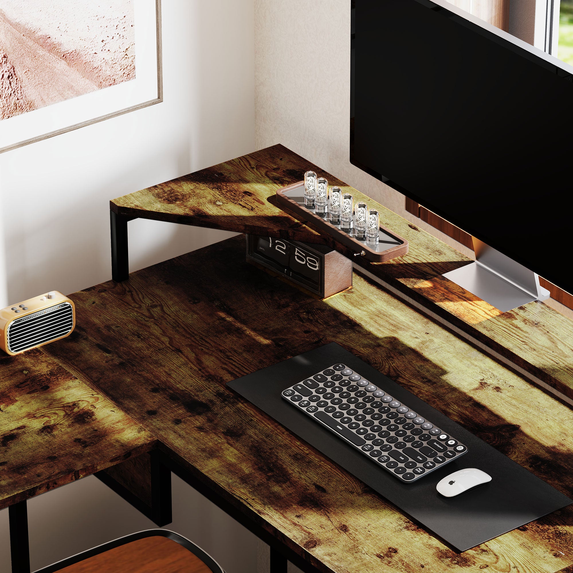 HOMCOM L Shaped Desk, Computer Desk with Liftable Desktop, Industrial Corner Desk with Drawer for A4/Letter Size, Home Office Desk with Monitor Stand for Home Office, Rustic Brown - North Peak Garden Furniture