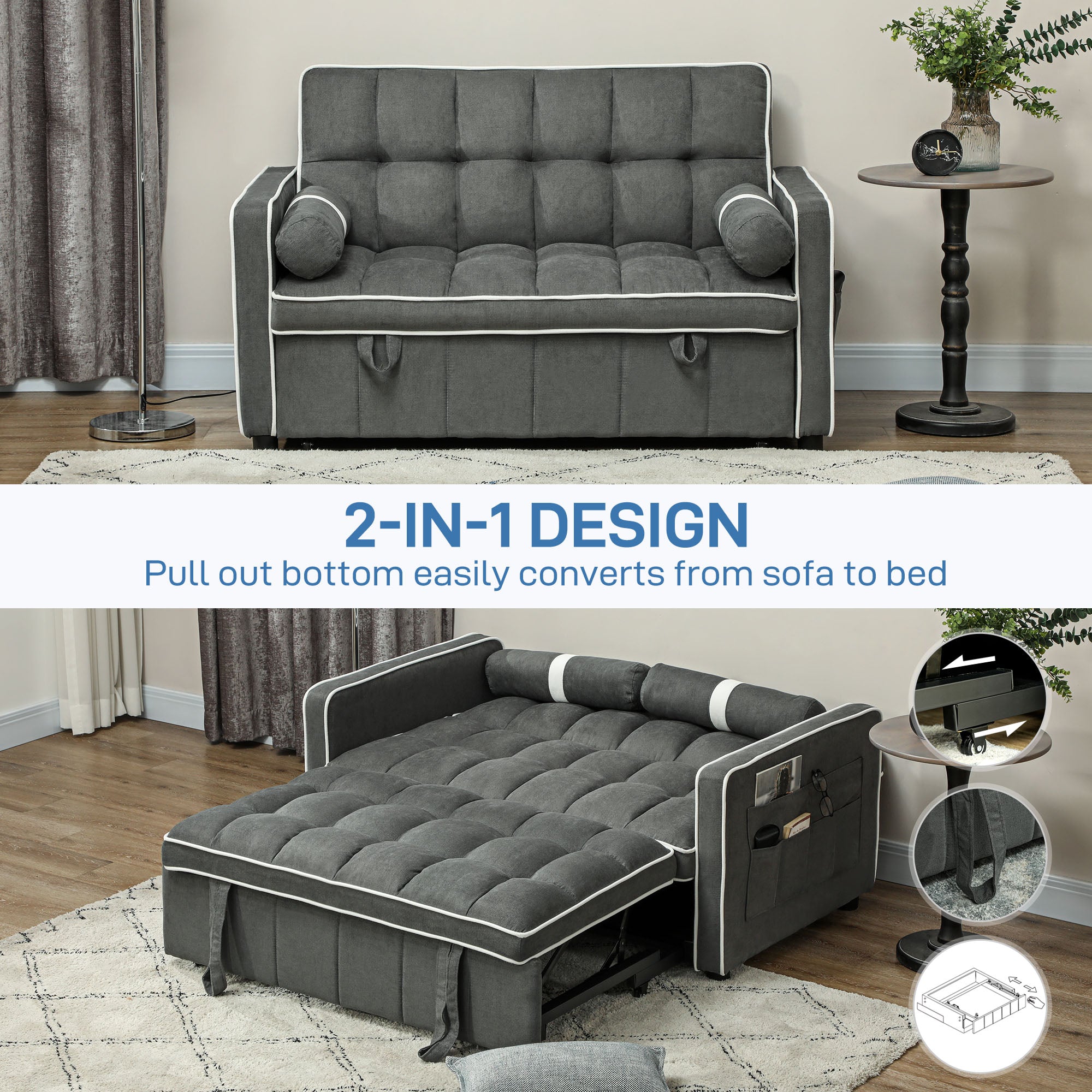 HOMCOM Two-Seater Linen-Look Sofa Bed - Charcoal Grey