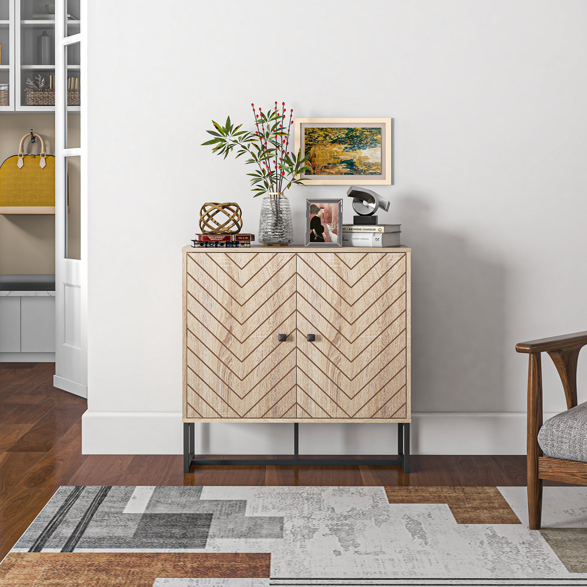HOMCOM MDF 2-Tier Storage Cabinet Steel Frame Handles Tabletop Unique Home Style Organiser, 80H x 80L x 29.5Wcm-Oak