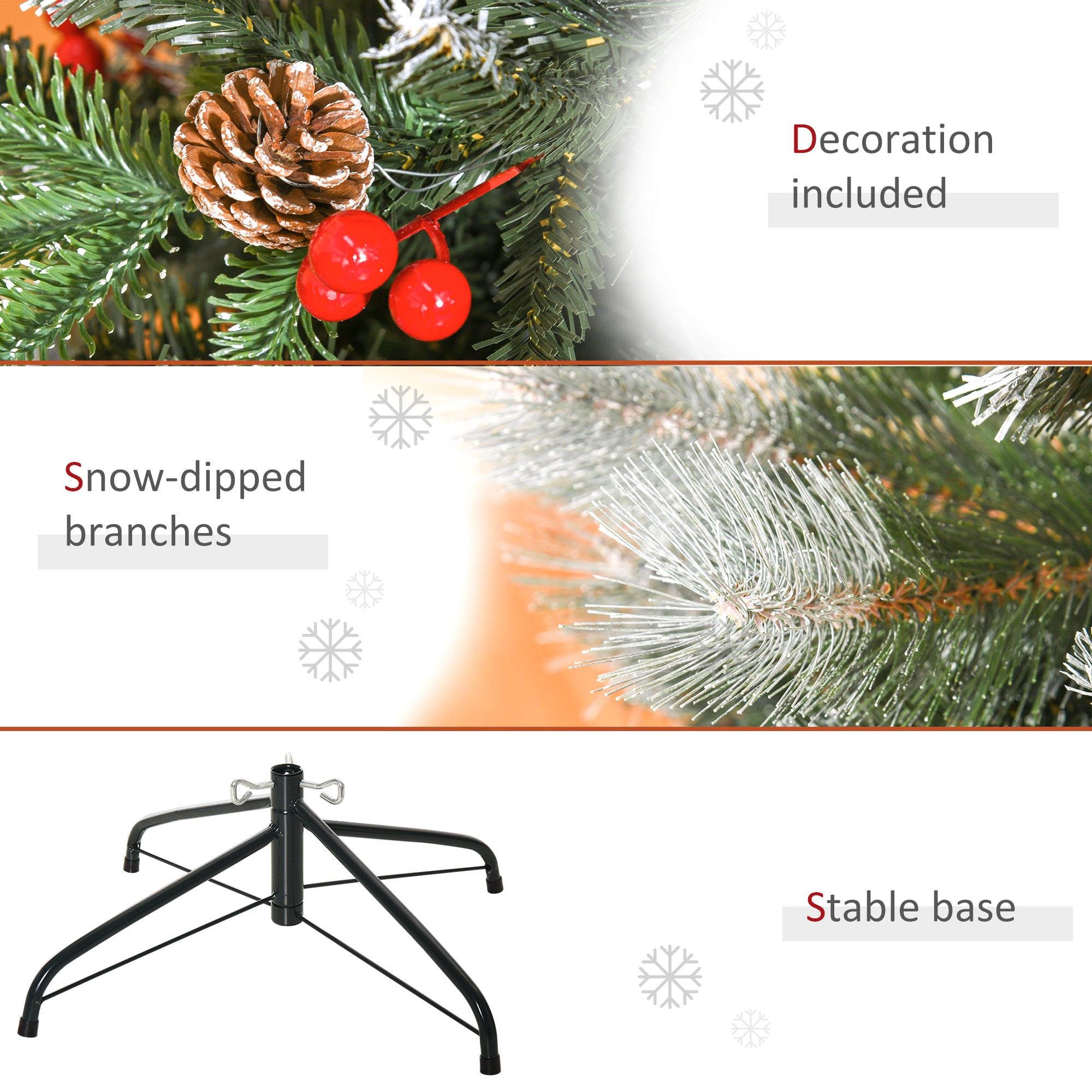 HOMCOM 5FT Artificial Snow Dipped Christmas Tree Xmas Pencil Tree Holiday Home Party Decoration with Foldable Feet Red Berries White Pinecones, Green - North Peak Garden Furniture