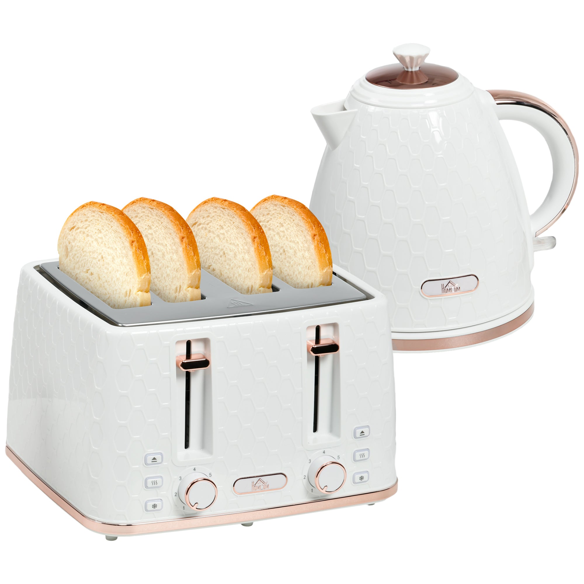 HOMCOM 1.7L 3000W Fast Boil Kettle & 4 Slice Toaster Set, Kettle and Toaster Set with 7 Browning Controls, Crumb Tray, White - North Peak Garden Furniture