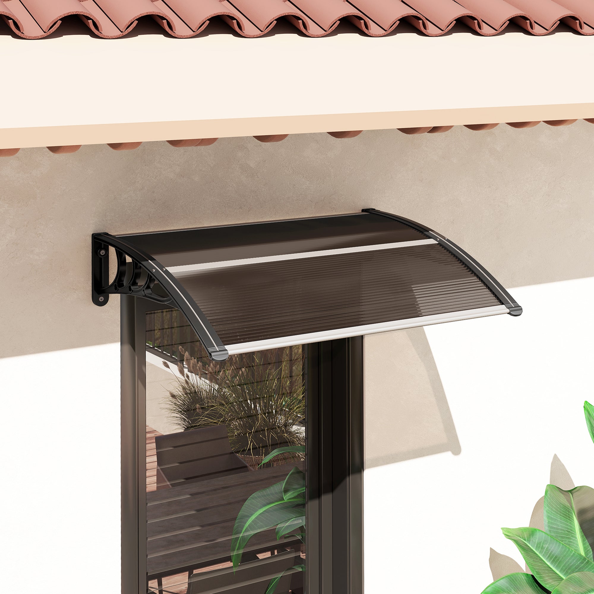 Outsunny Curved Window Door Canopy Aluminium Rigid Plastic Polycarbonate Fixed Outdoor Awning Modern Design UV Water Rain Resist 100 x 75cm Brown