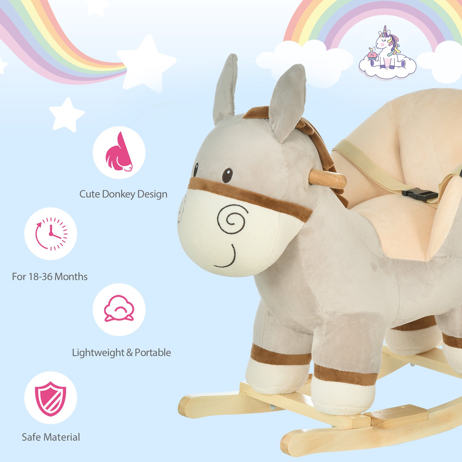 HOMCOM Kids Children Rocking Horse Plush Ride On Donkey Seat w/ Sound Wood Base Seat Safety Belt Toddler Baby Toy Rocker Grey 18 - 36 Months - North Peak Garden Furniture