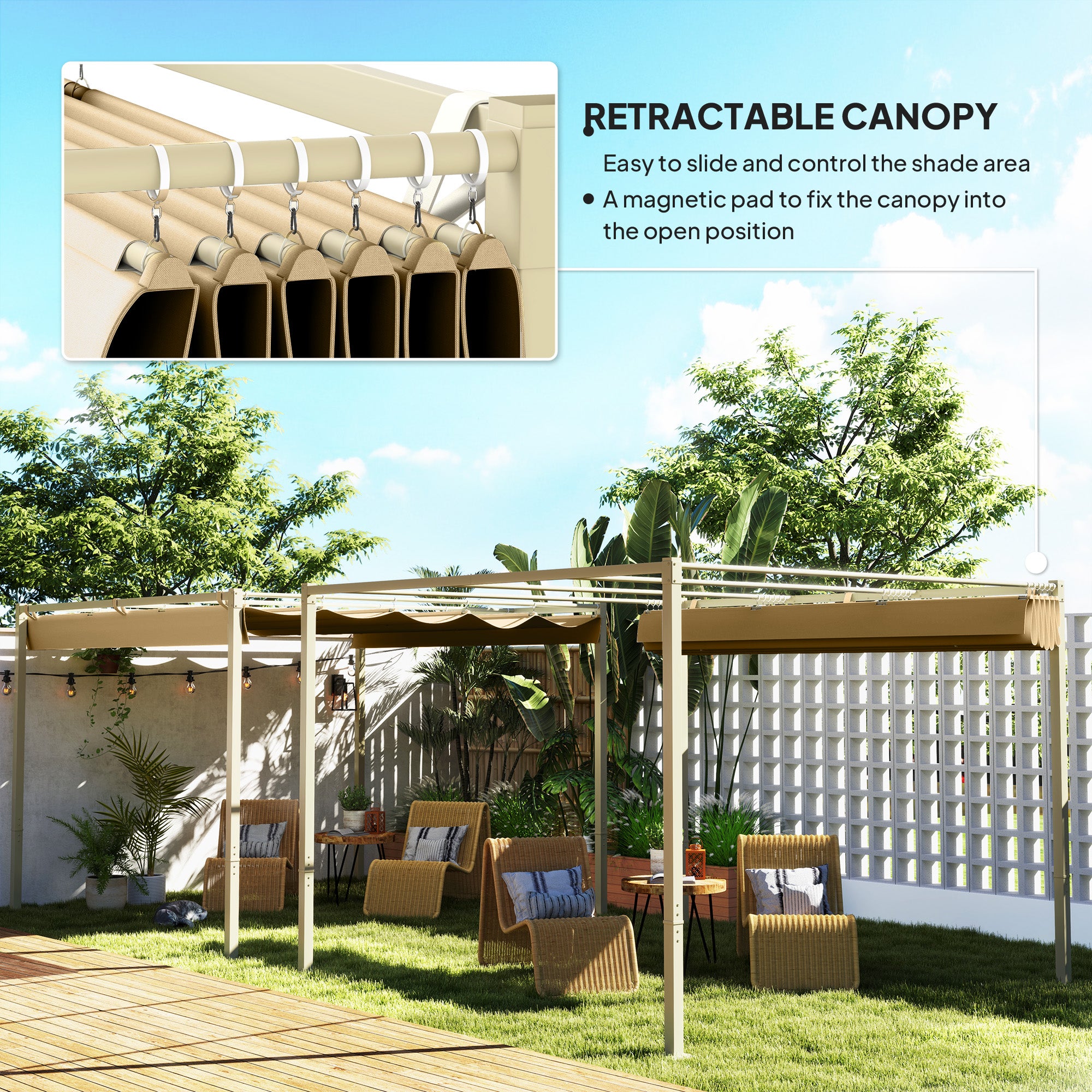 Outsunny 3 x 3(m) Garden Pergola with Retractable Roof and Magnetic Fixture, Outdoor Gazebo Pergola Kit Sun Shade Canopy, UPF30+, Khaki - North Peak Garden Furniture