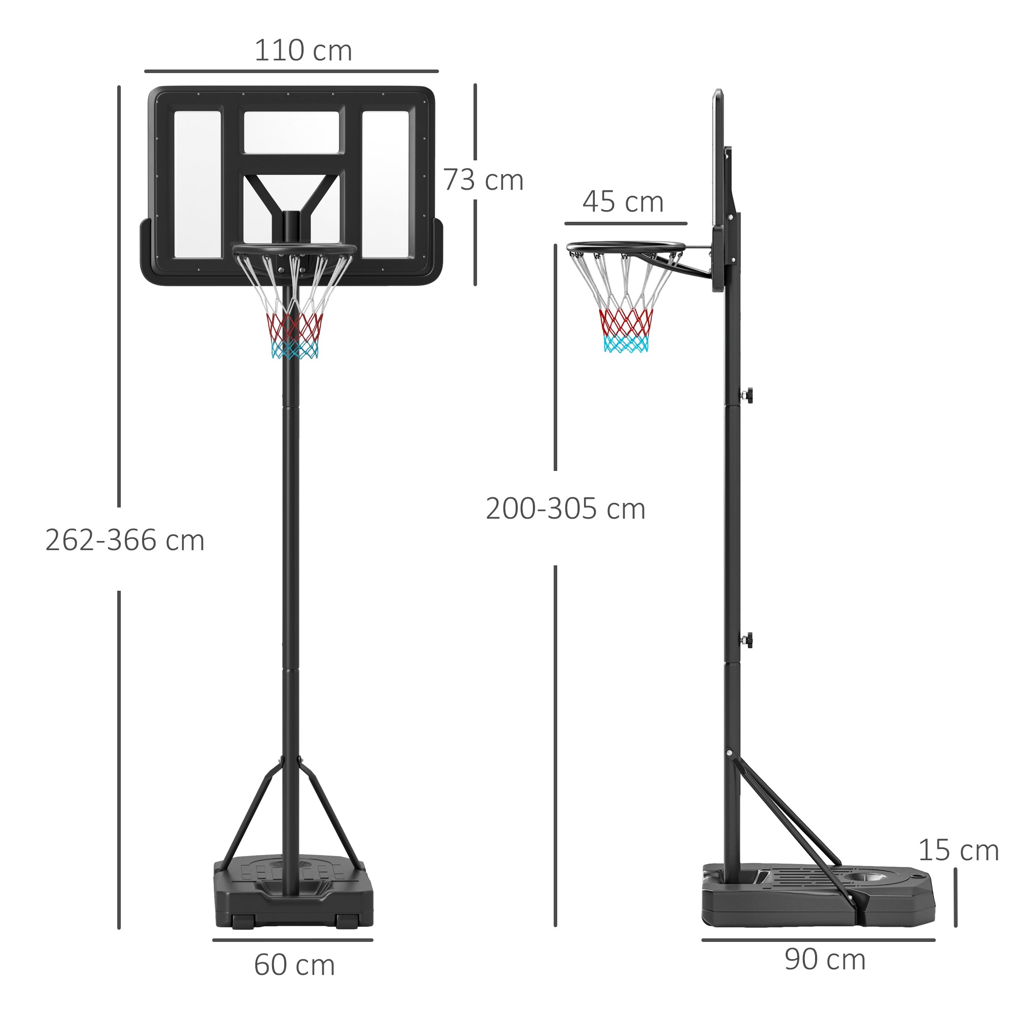SPORTNOW Height Adjustable Basketball Stand Net Set System, Freestanding Basketball Hoop and Stand w/ Wheels, 200-305cm - Black - North Peak Garden Furniture