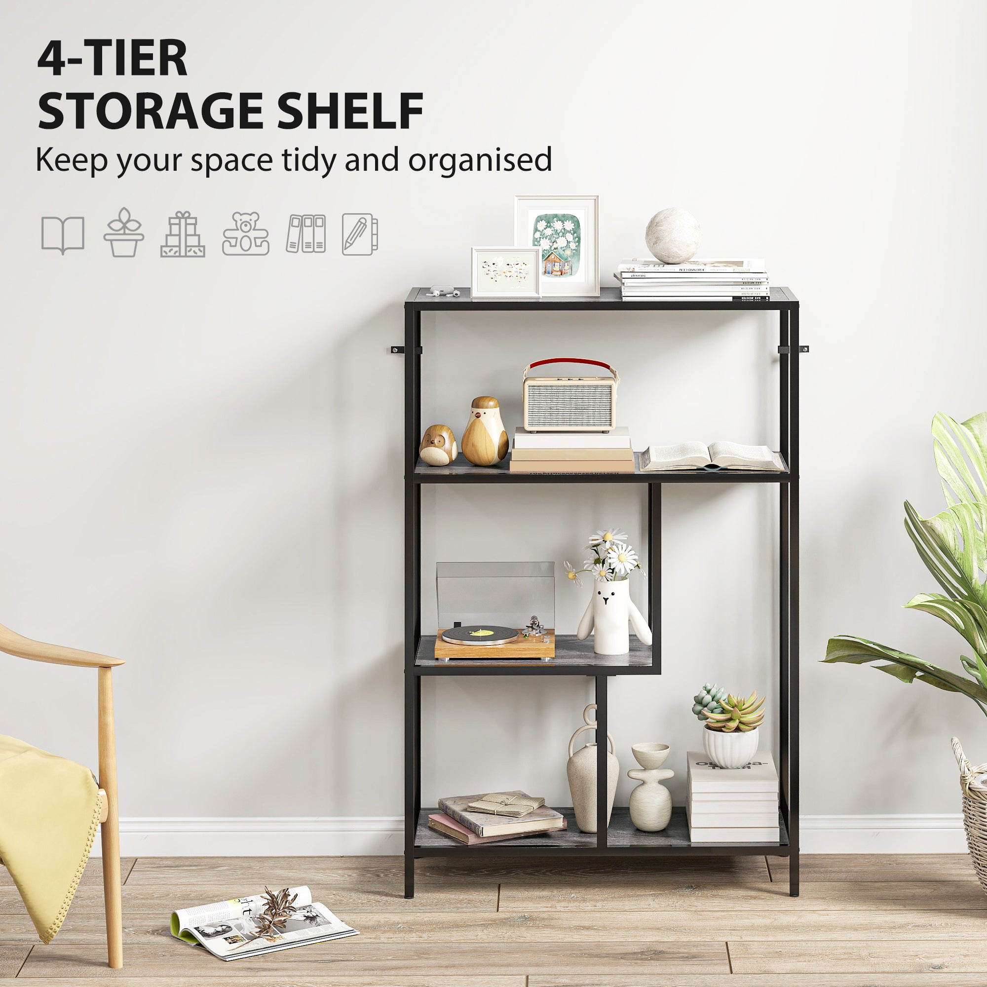 HOMCOM 4-Tier Bookshelf with Open Shelves - Charcoal Grey - North Peak Garden Furniture