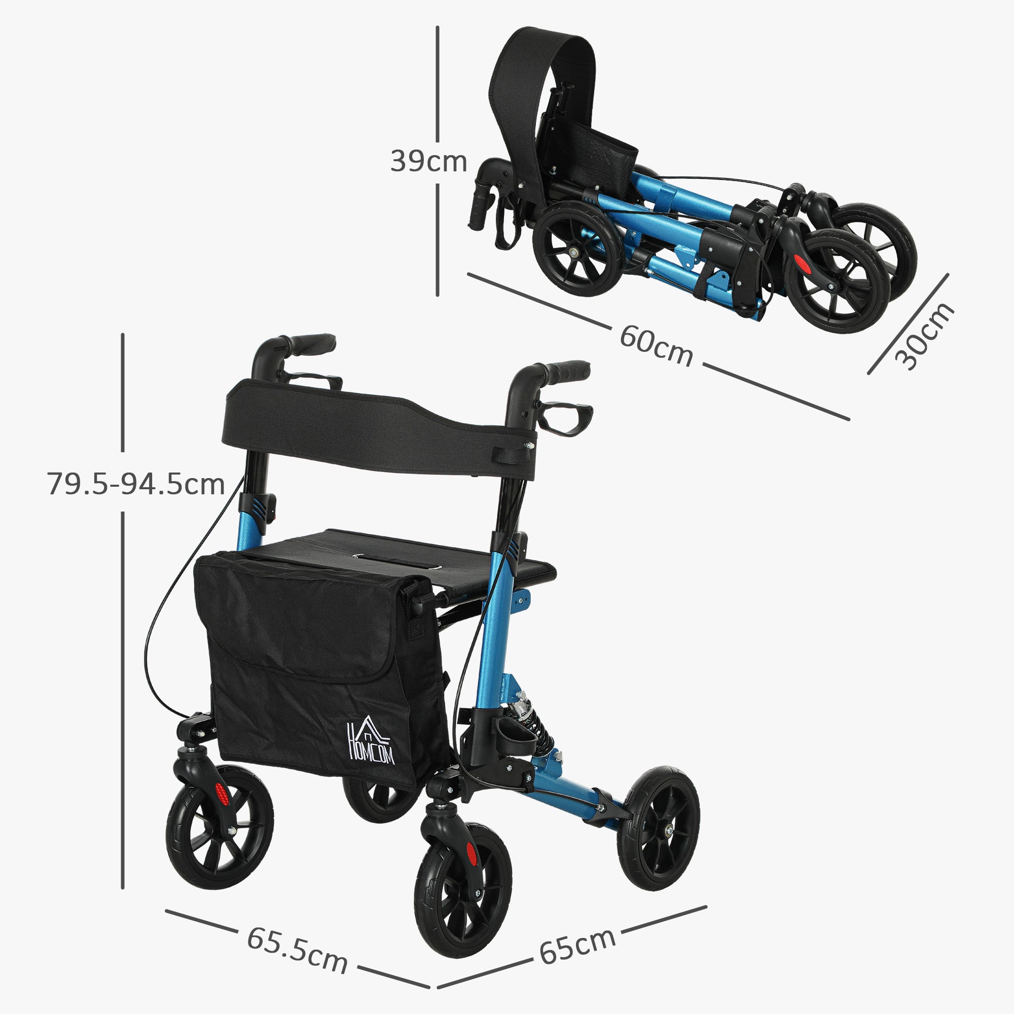 HOMCOM Folding Rollator Walker with Seat, Backrest, Lightweight Walking Frame with Storage Bag, Dual Brakes, Adjustable Handle Height, Suspension System, 4 Wheeled Walker for Seniors, Blue - North Peak Garden Furniture