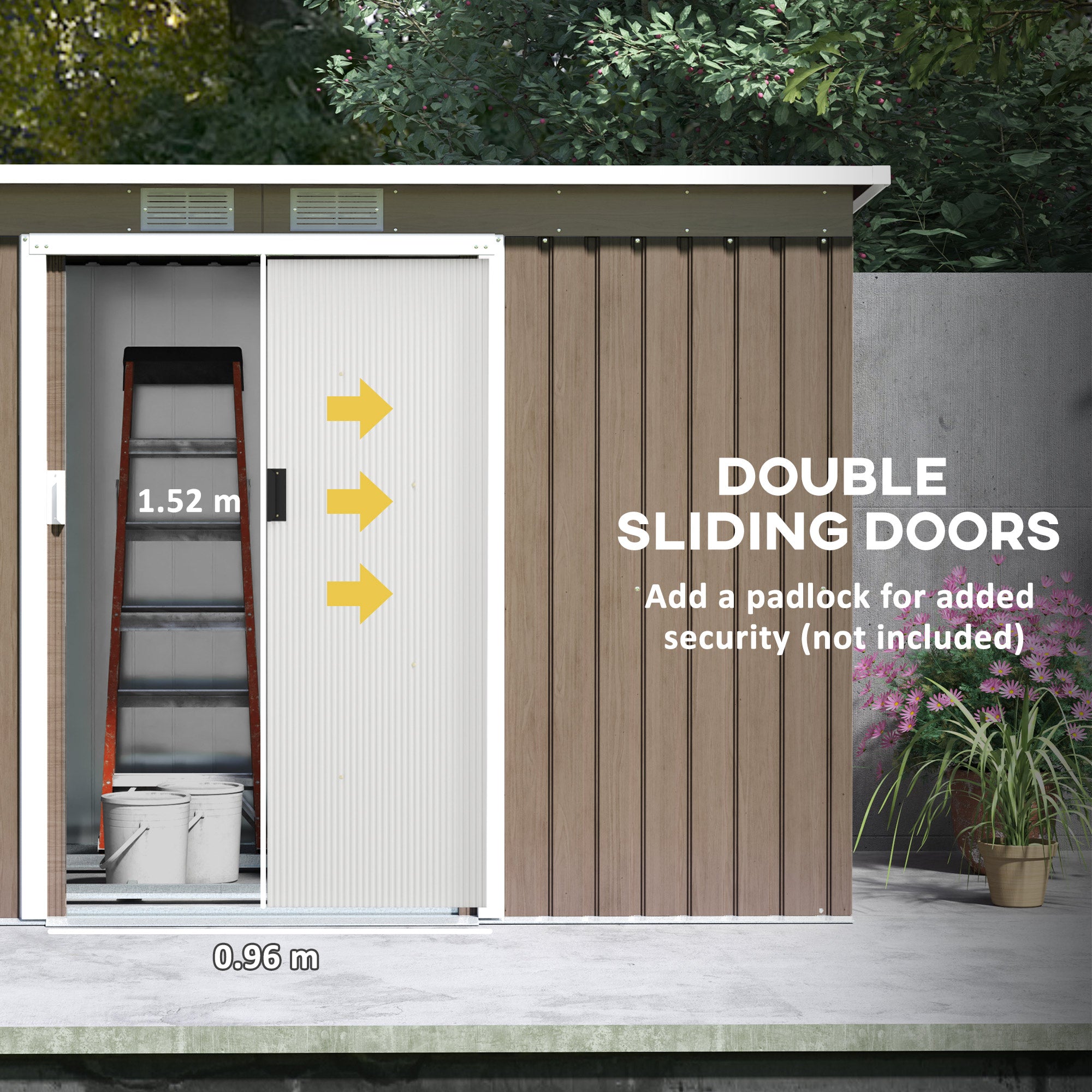 Outsunny 9ft x 4ft Metal Garden Shed, Outdoor Tool House with Foundation Kit, Ventilations and Double Doors, Light Grey Wood Grain - North Peak Garden Furniture