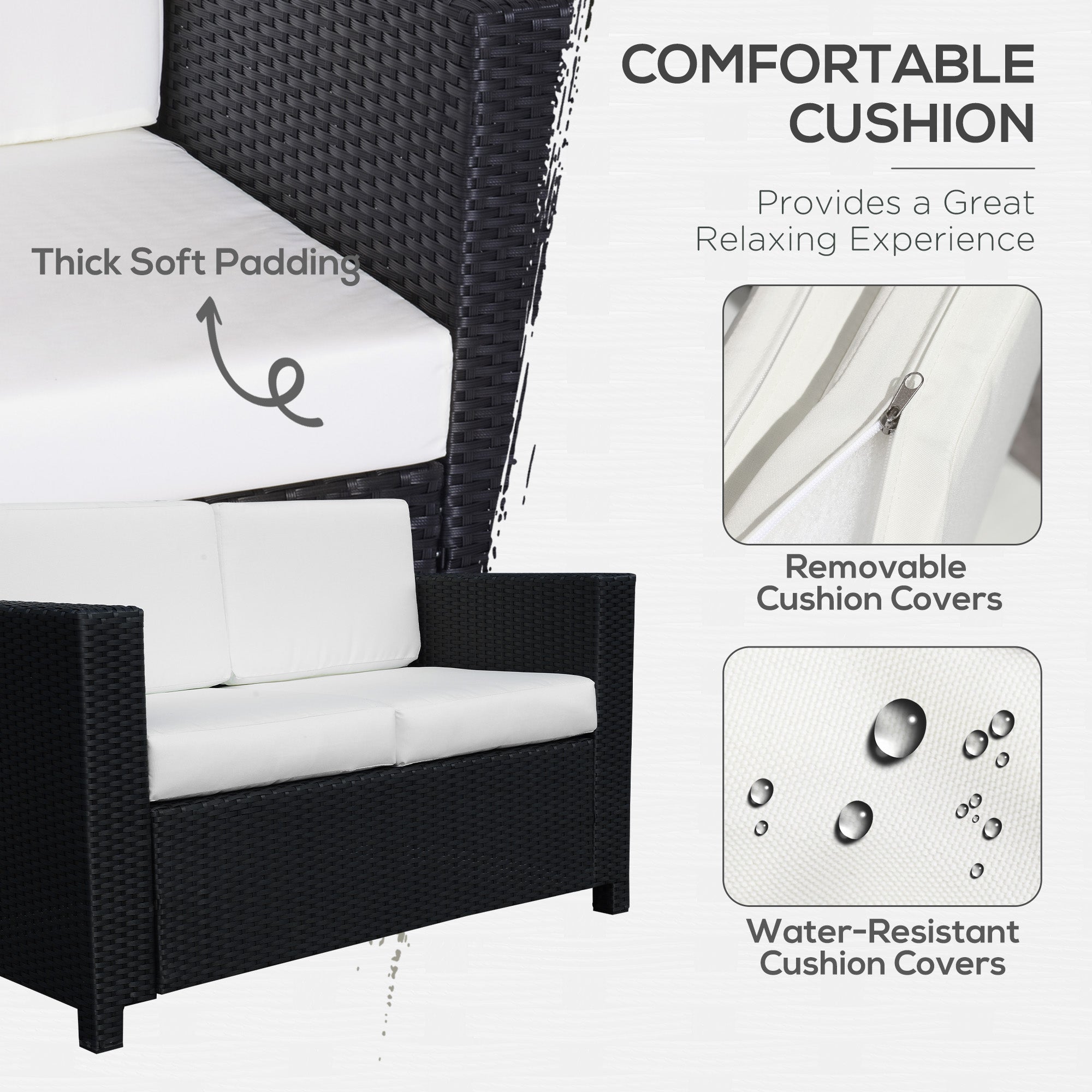 Outsunny 2 Seater Garden Furniture, Rattan Sofa with Soft Padded Cushion and Armrests, Wicker Garden Loveseat for Patio, Black - North Peak Garden Furniture