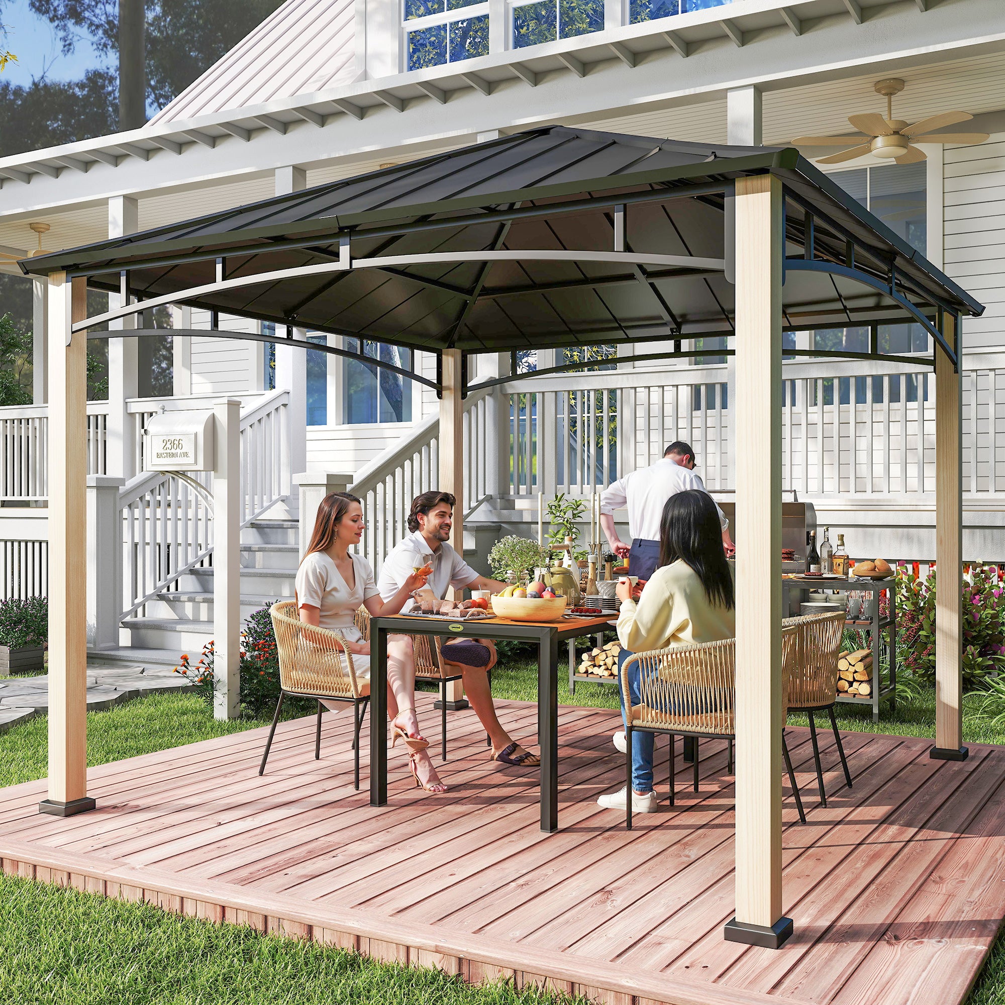 Outsunny 3 x 3 m Decorative Metal Gazebo - Black/Wood-Effect - North Peak Garden Furniture
