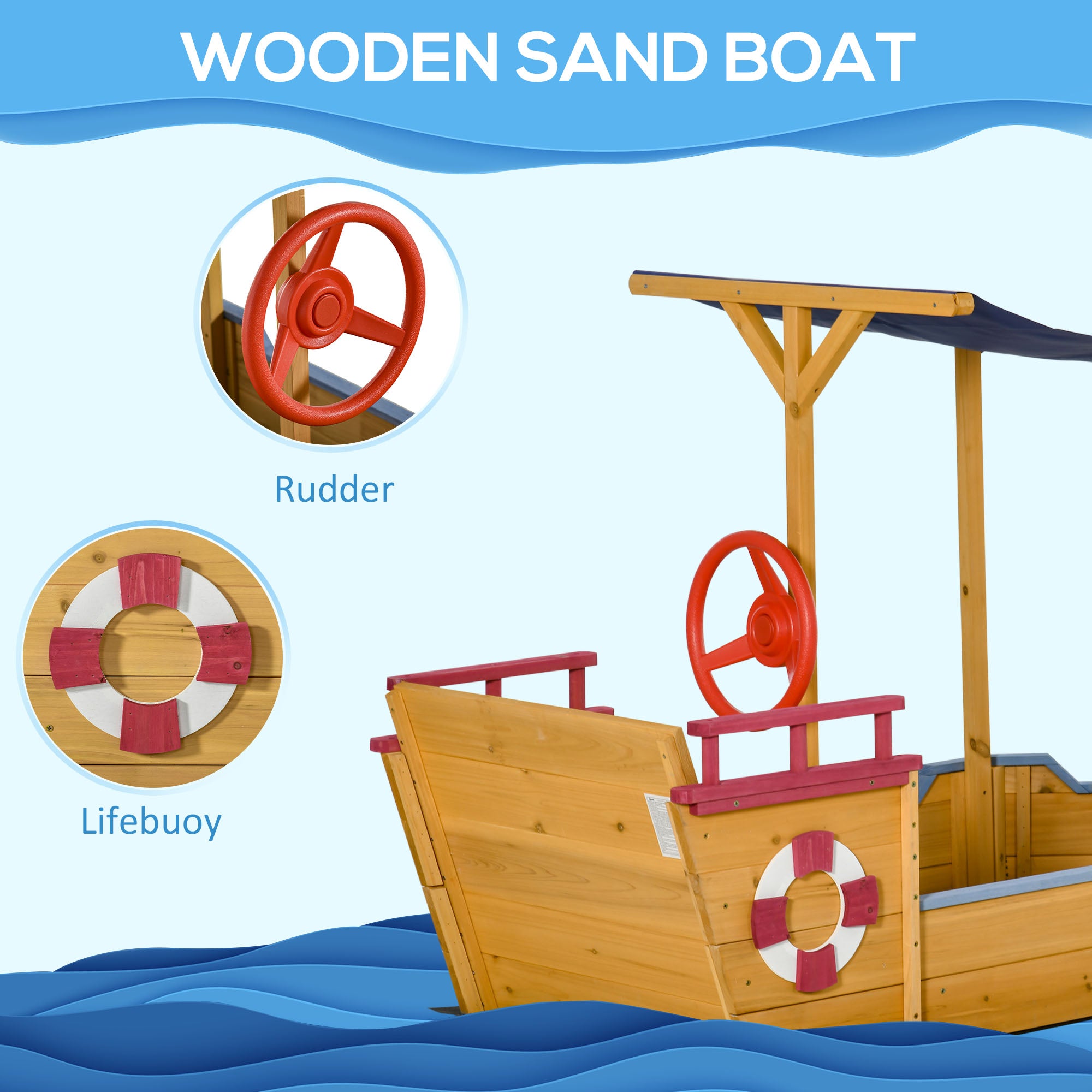 Outsunny Kids Wooden Sand Pit Children Sandbox Pirate Ship Sandboat Play Station for Outdoor w/ Canopy Shade Storage Bench Bottom Liner - North Peak Garden Furniture