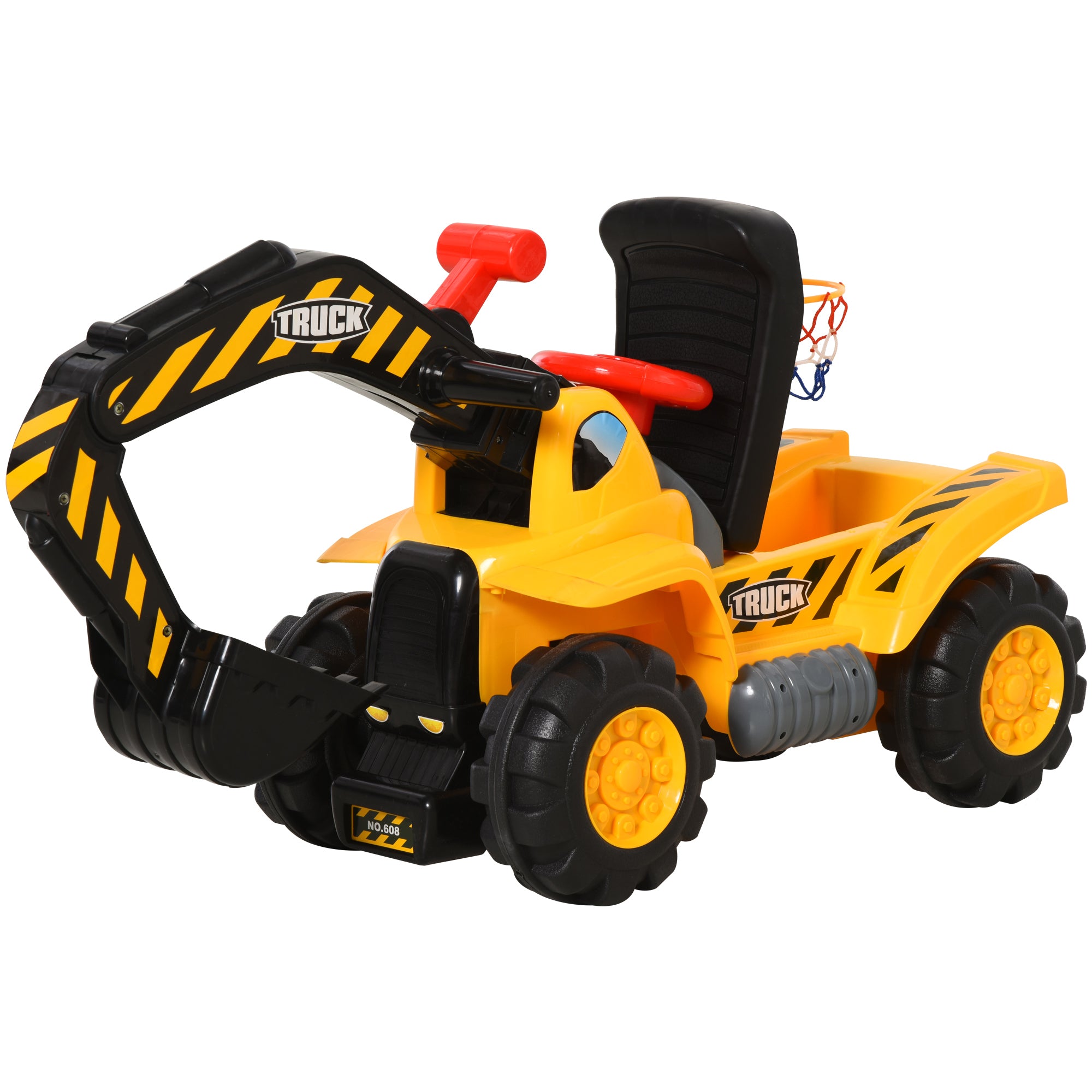 HOMCOM Kids Ride On Excavator Digger w/ Storage Basketball Net Steering NO POWER Wheel Vehicle Truck Toy - North Peak Garden Furniture