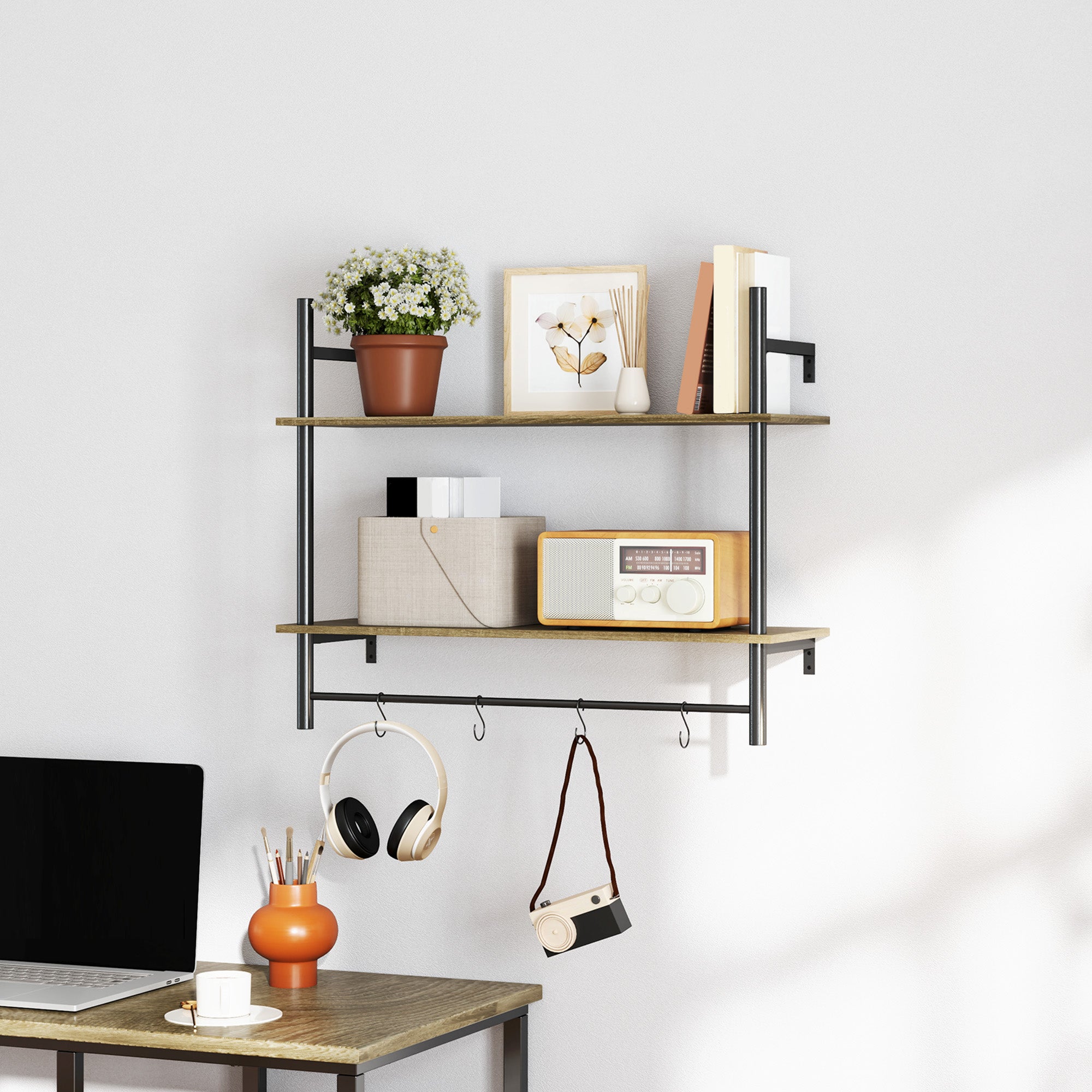 HOMCOM Wall Mounted Floating Shelves with 4 Hooks, Rustic Wall Shelf Unit for Living Room, Entryway, Grey - North Peak Garden Furniture