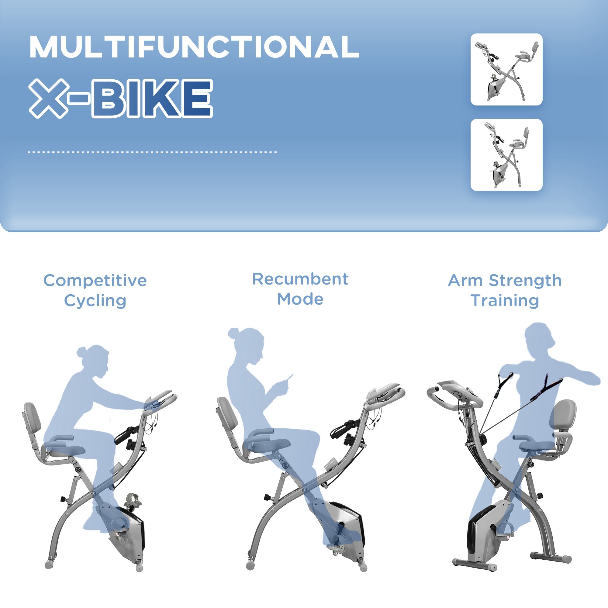HOMCOM 2-in-1 Folding Exercise Bike with 8-Level Magnetic Resistance, Arm Resistance Band, Pulse Sensor, Grey - North Peak Garden Furniture