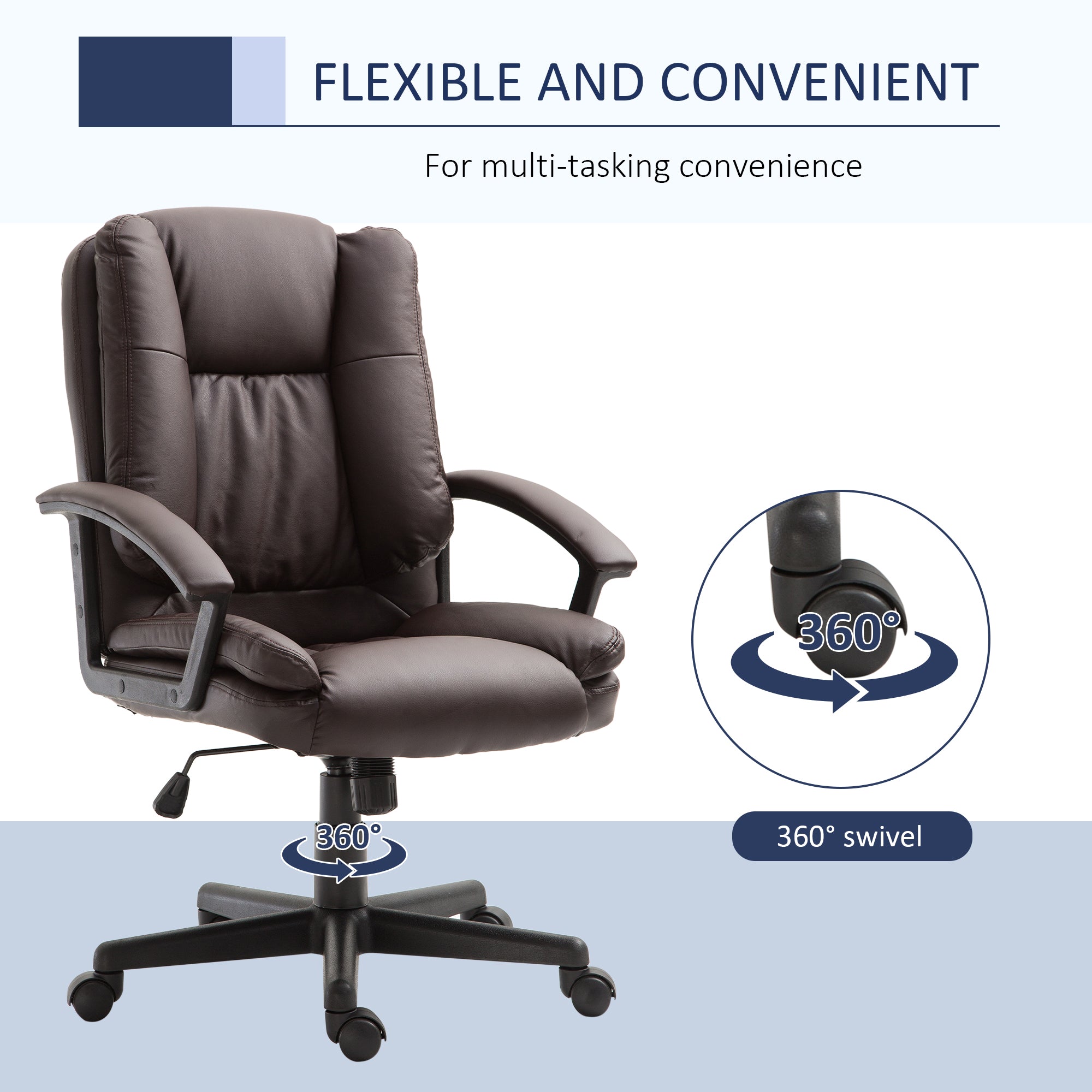 HOMCOM Office Chair, Faux Leather Computer Desk Chair, Mid Back Executive Chair with Adjustable Height and Swivel Rolling Wheels for Home Study, Brown - North Peak Garden Furniture