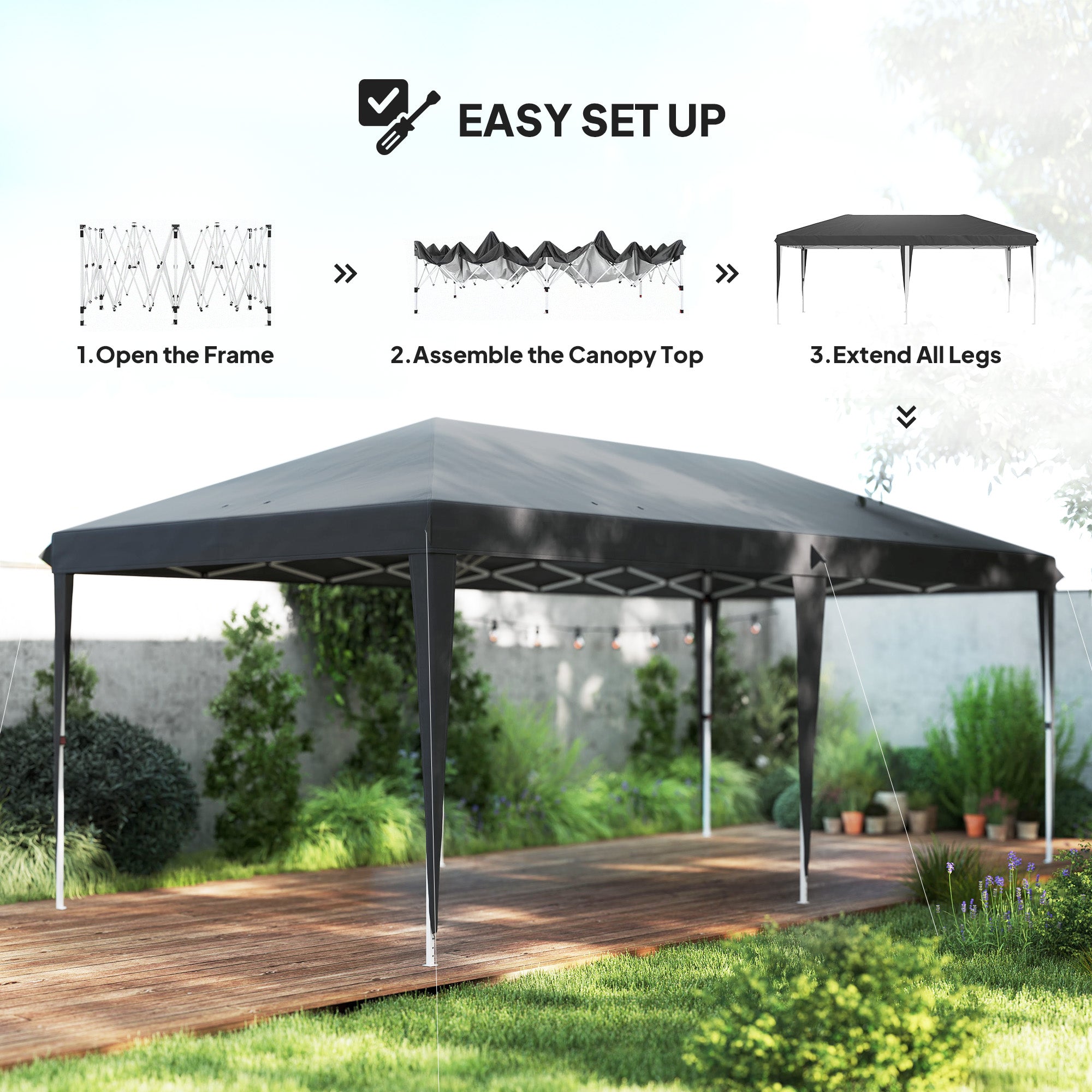 Outsunny Pop Up Gazebo, Double Roof Foldable Canopy Tent, Height Adjustable Wedding Awning Canopy w/ Carrying Bag, 6 m x 3 m x 2.7 m, Grey - North Peak Garden Furniture