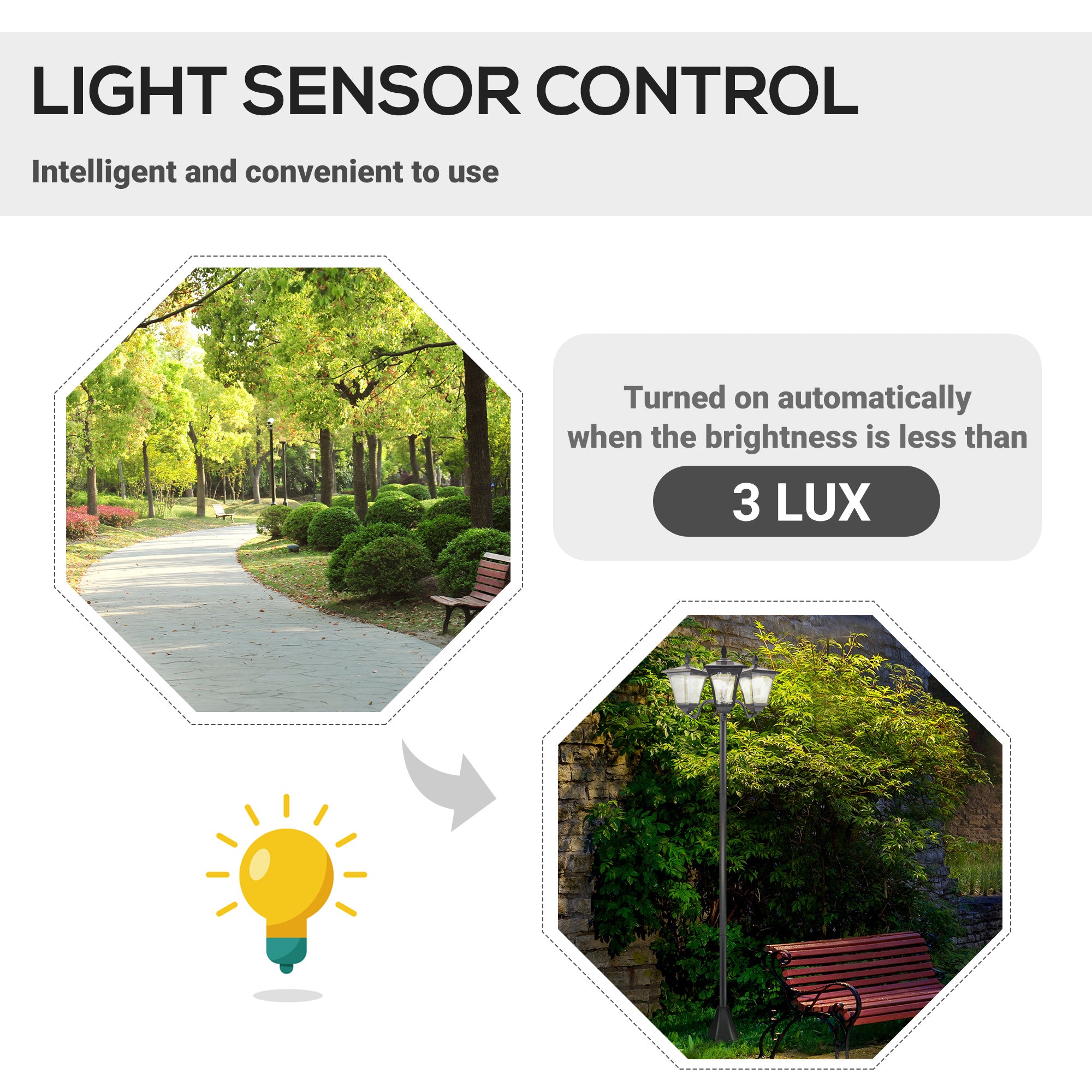 Outsunny 1.8m Traditional Victorian Style 3 Way Head Outdoor Garden Solar Post Lamp Sensor Dimmable LED Lantern Bollard Pathway IP44 – Black - North Peak Garden Furniture